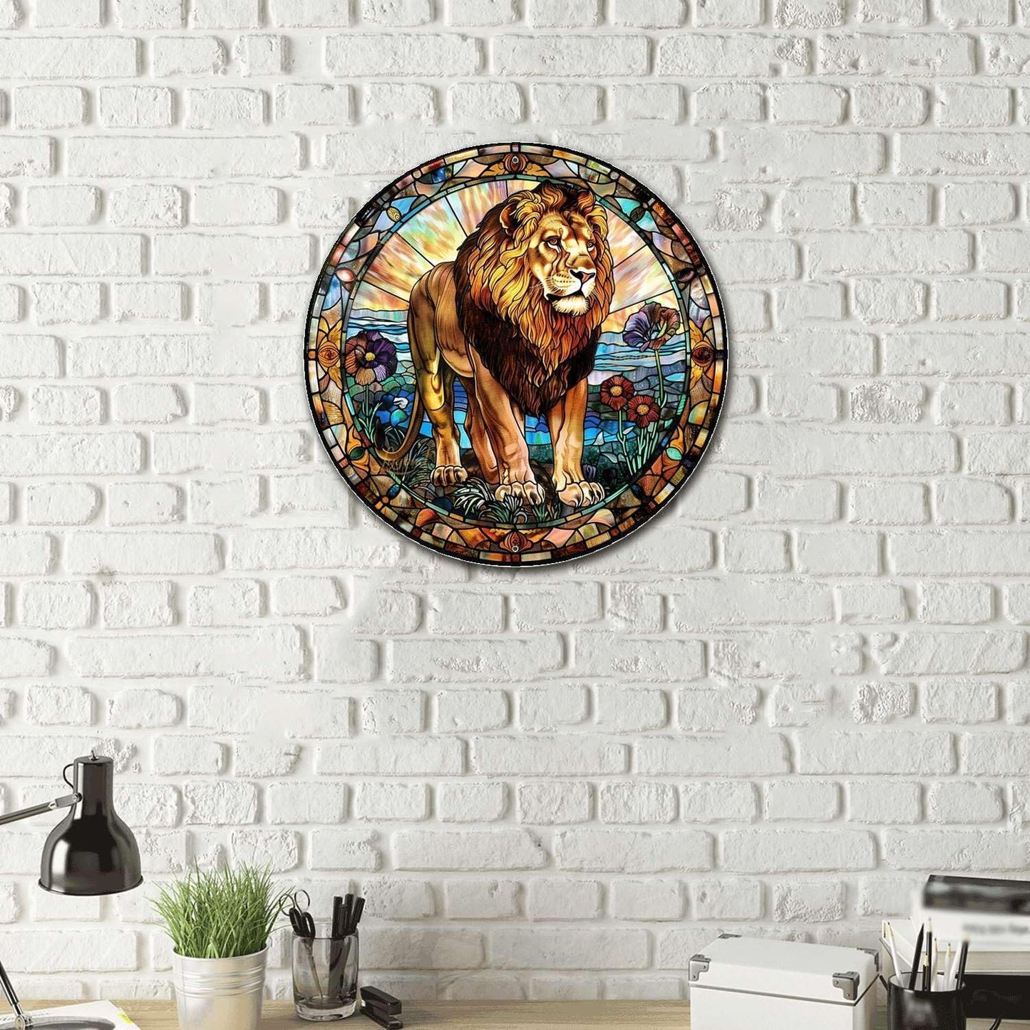 Lygond Metal Sign Tin Sign Circular Stained Glass Lion Vintage Decor for Garden 8×8 Inches
