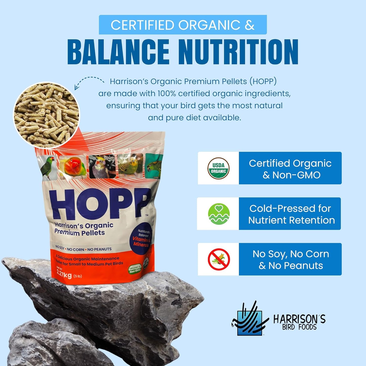 Harrison's Bird Foods HOPP Premium Pellets – Organic, Nutritionally Balanced Food for Small to Medium Pet Birds, Cold-Pressed, Low Fat, Vet-Developed, 5LB
