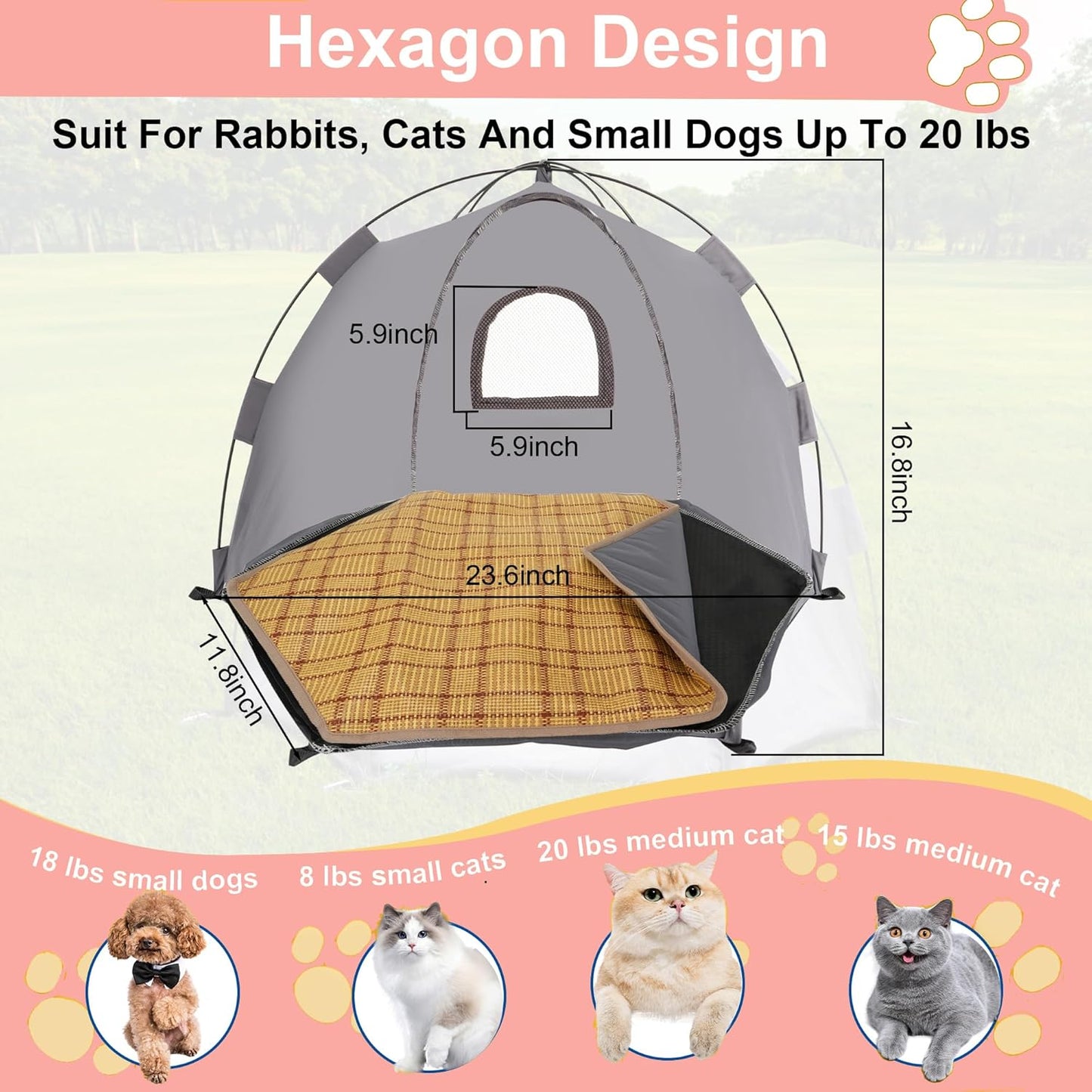 Yanvega Cat Tent Cat Beds for Indoor Cats Pet Supplies, 23.6" × 23.6" × 16.8" Cat Pop Up Tent Collapsible Cat House Cat Cave Outdoor, No Assemble Required High Elastic Frame with Ground Nail （Gray）