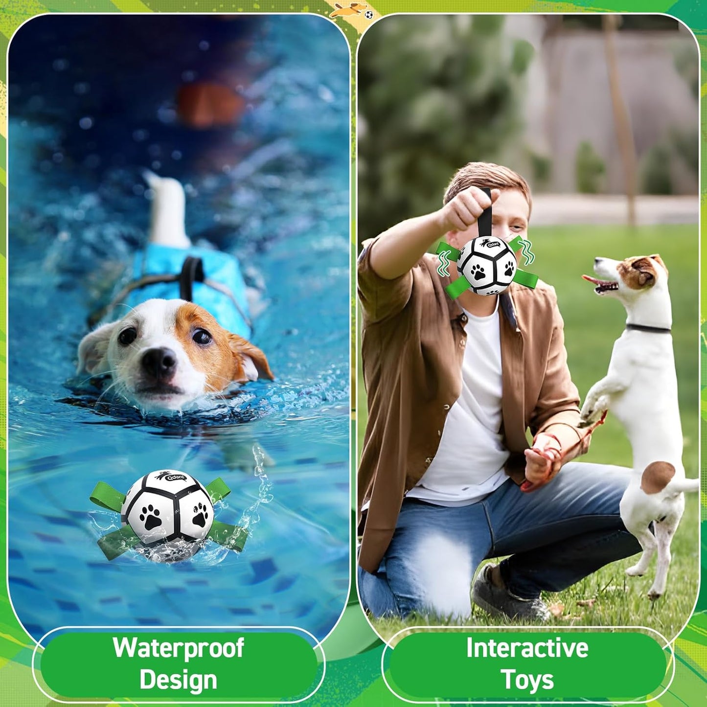 QDAN Dog Toys Balls with Bell Inside, Squeaky Dog Balls for Tug of War, Puppy Birthday Gifts, Dog Water Toys, Ball for Small Dogs(Black Green, 5 inch)