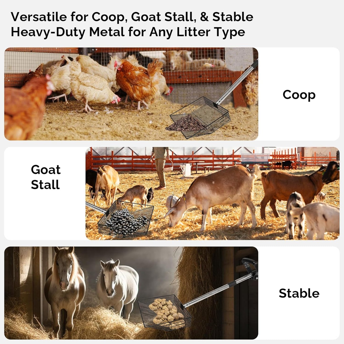 15" Extra-Wide Chicken Poop Scooper – Ergonomic Adjustable Handle (24-70in), Stainless Steel Sifting Shovel Deep Litter Cleaning for Chicken Coops, Goat - Chicken Coop Scoop for Sand, Straw, Hemp