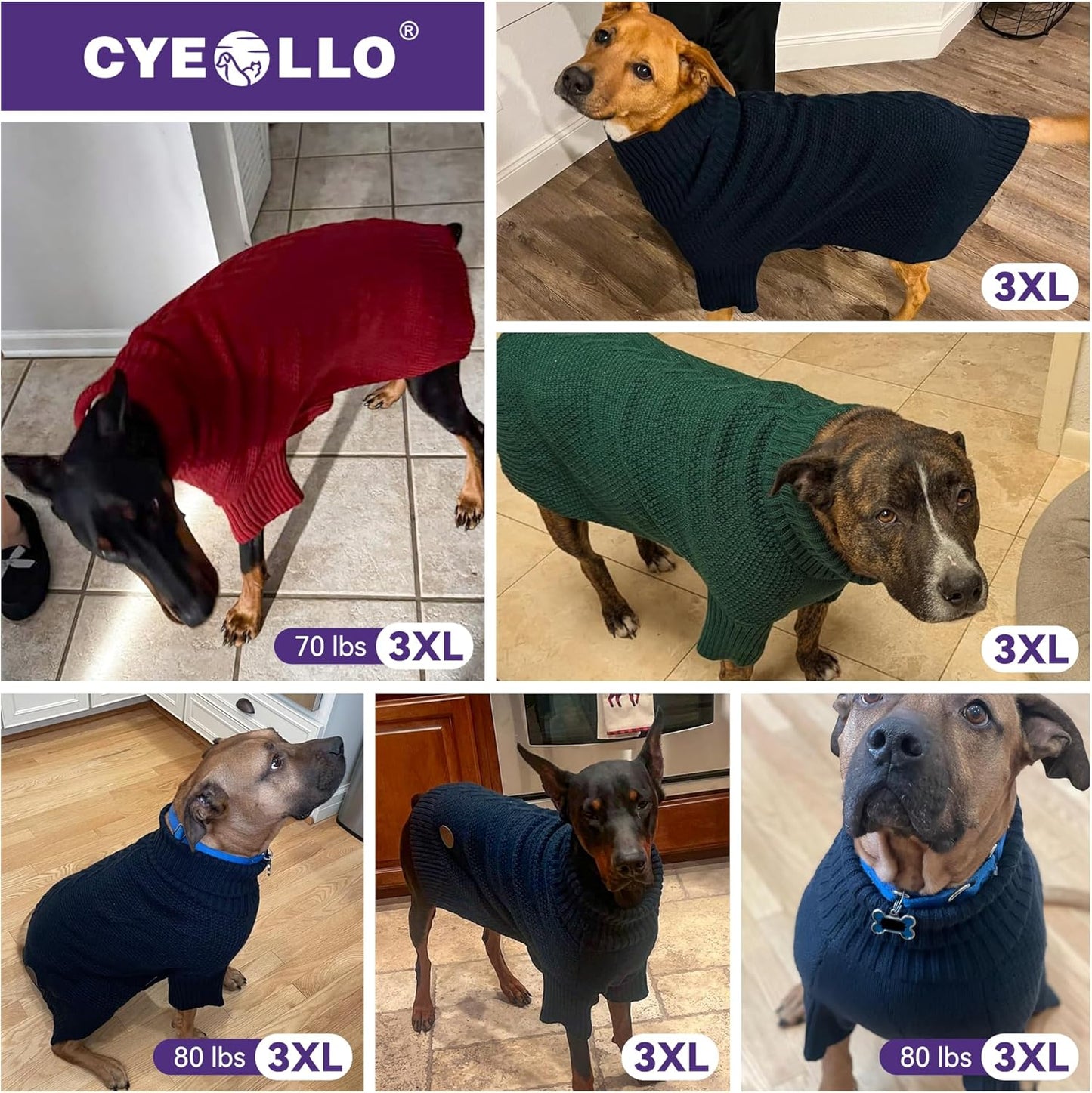cyeollo Dog Sweater Pullover Turtleneck for Large Dogs, Classic Knitwear Fall Winter Cold Weather Dog Clothes Warm Pet Apparel Large Big Dogs Sweaters, Green 3XL