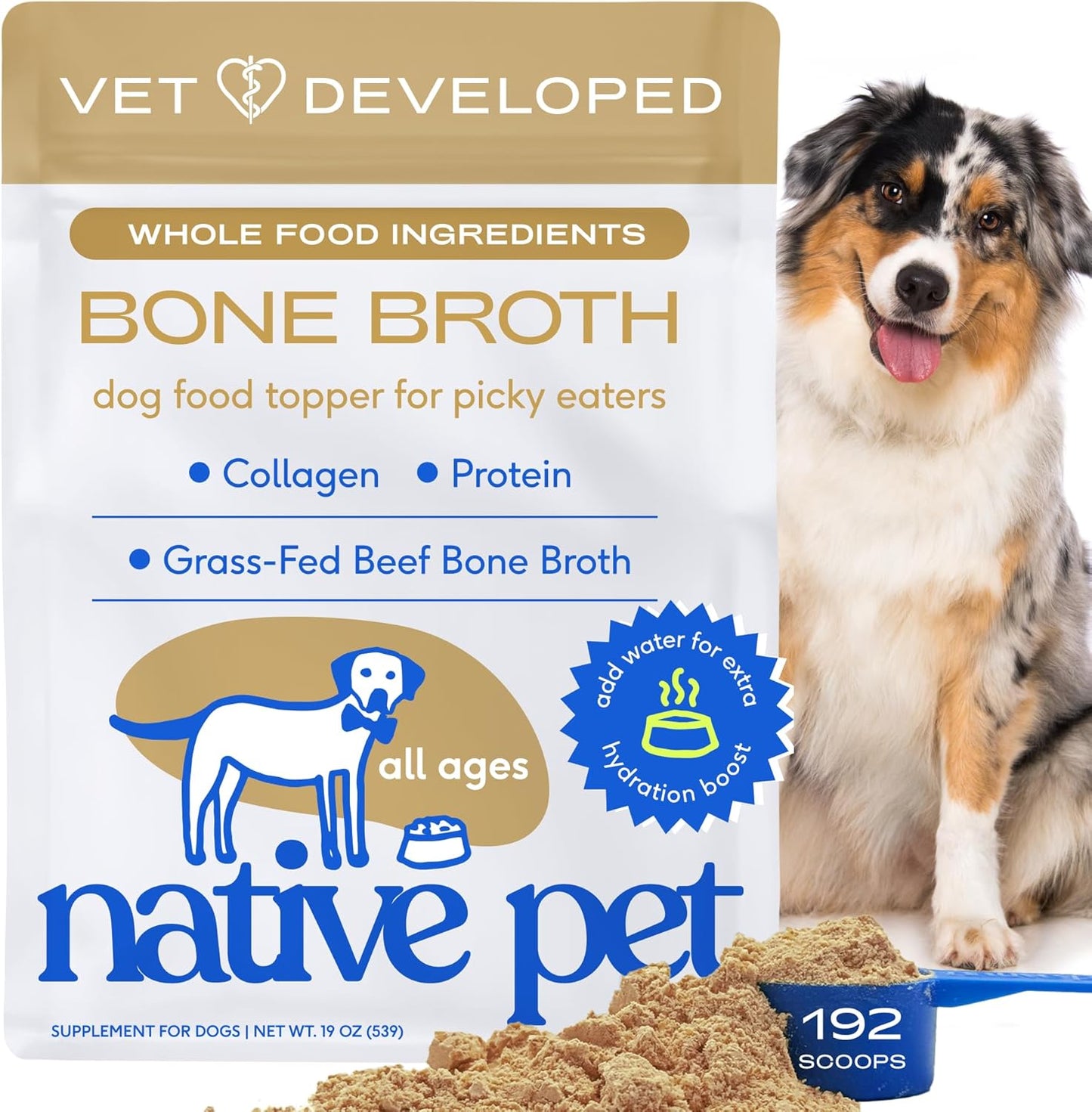 Native Pet Bone Broth for Dogs and Cats - Made with Real Beef Bone Broth, Dog Food Toppers for Picky Eaters- Provides Extra Hydration & Nutrition for Joint Strength, Immunity & Heart Health-192 Scoops