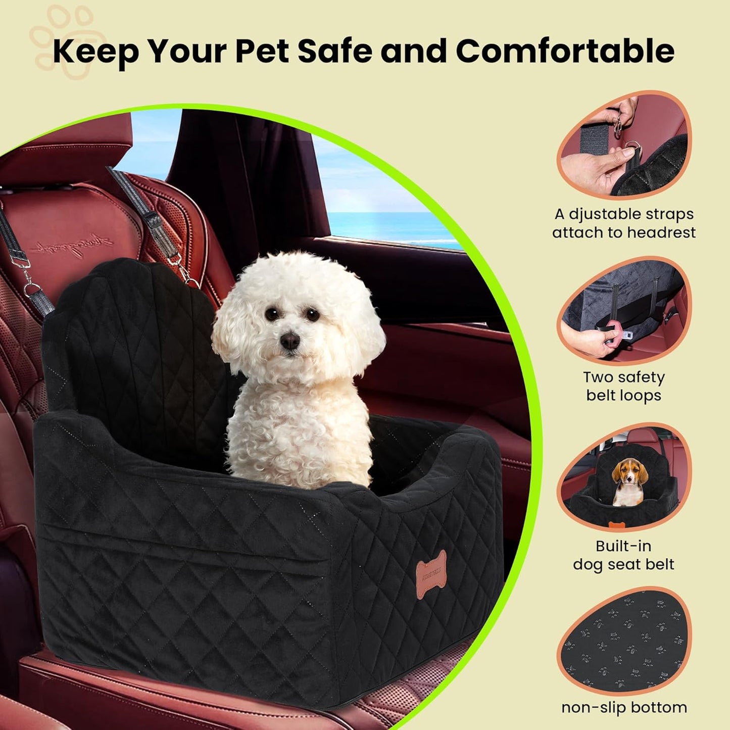 Dog Car Seat for Small Dogs Under 30lbs, Detachable Washable Pet Booster Seat with Safety Belt & Storage Pockets, Travel Car Bed, Black