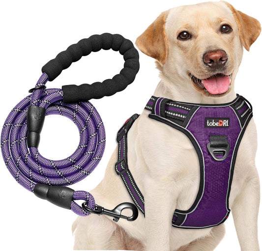 No Pull Dog Harness Adjustable Reflective Oxford Easy Control Medium Large Dog Harness with A Free Heavy Duty 5ft Dog Leash (S (Neck: 13"-18", Chest: 17.5"-22"), Purple Harness+Leash)