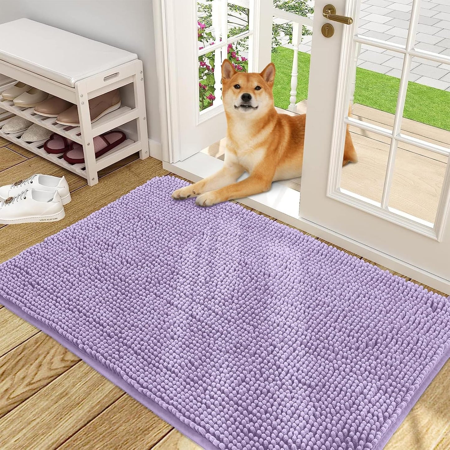 OLANLY Dog Door Mat for Muddy Paws 48x30, Absorbs Moisture and Dirt, Absorbent Non-Slip Washable Doormat, Quick Dry Chenille Mud Mat for Dogs, Entry Indoor Entryway Carpet for Inside Floor, Lavender