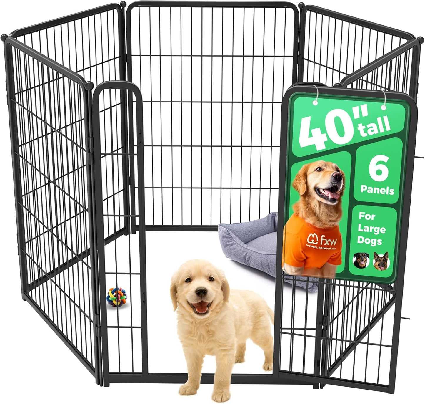 FXW Homeplus Unleashed Indoor Dog Playpen - Stress-Free and Safe Play, Heavy Duty 40 Inch 6 Wire Panels Dog Pen for Medium and Large Dogs, Black│Patented