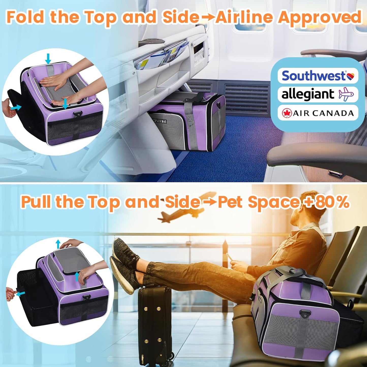 Petskd Top and Side Expandable Pet Carrier 19x13x9 Inches Southwest Allegiant Airlines Approved, Soft-Sided Carrier for Small Dog Under 12 lbs and Large Cat Under 15 lbs(Purple)
