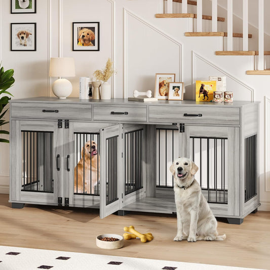 71 Inch Dog Crate Furniture for 2 Rooms, Wooden Double Crate Large Breed with Door, Dog Kennel Indoor, TV Stand End Table with Divider for Large Medium Dogs,Grey