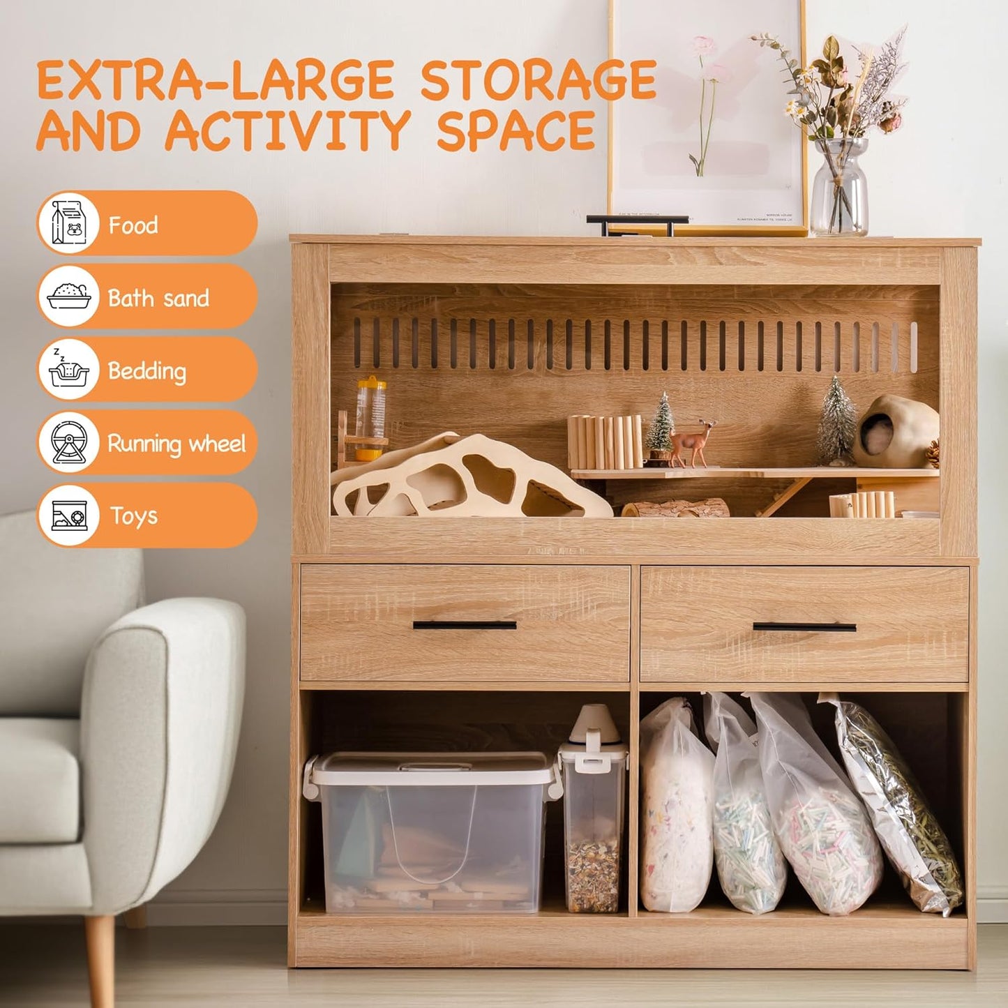 Mewoo Large Hamster Cage, Hamster Cage with Storage Cabinet, Large Habitats Hamster House with View Acrylic Panels and Drawer, Small Animal Cage for Guinea Pig, Rat, Hedgehog, Ferret