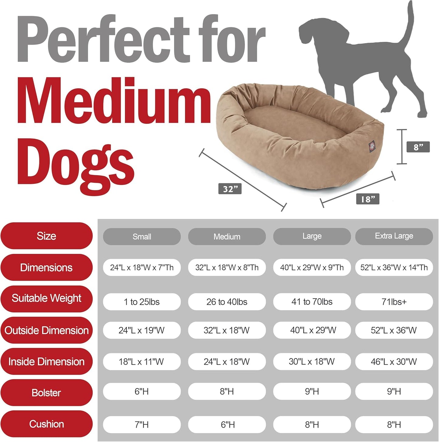 Majestic Pet 32 Inch Suede Calming Dog Bed Washable 32x23x7 (Inch) – Cozy Soft Round Donut Dog Bed with Spine Support for Dogs to Rest Their Head - Pet Bed Medium – Stone (2025)