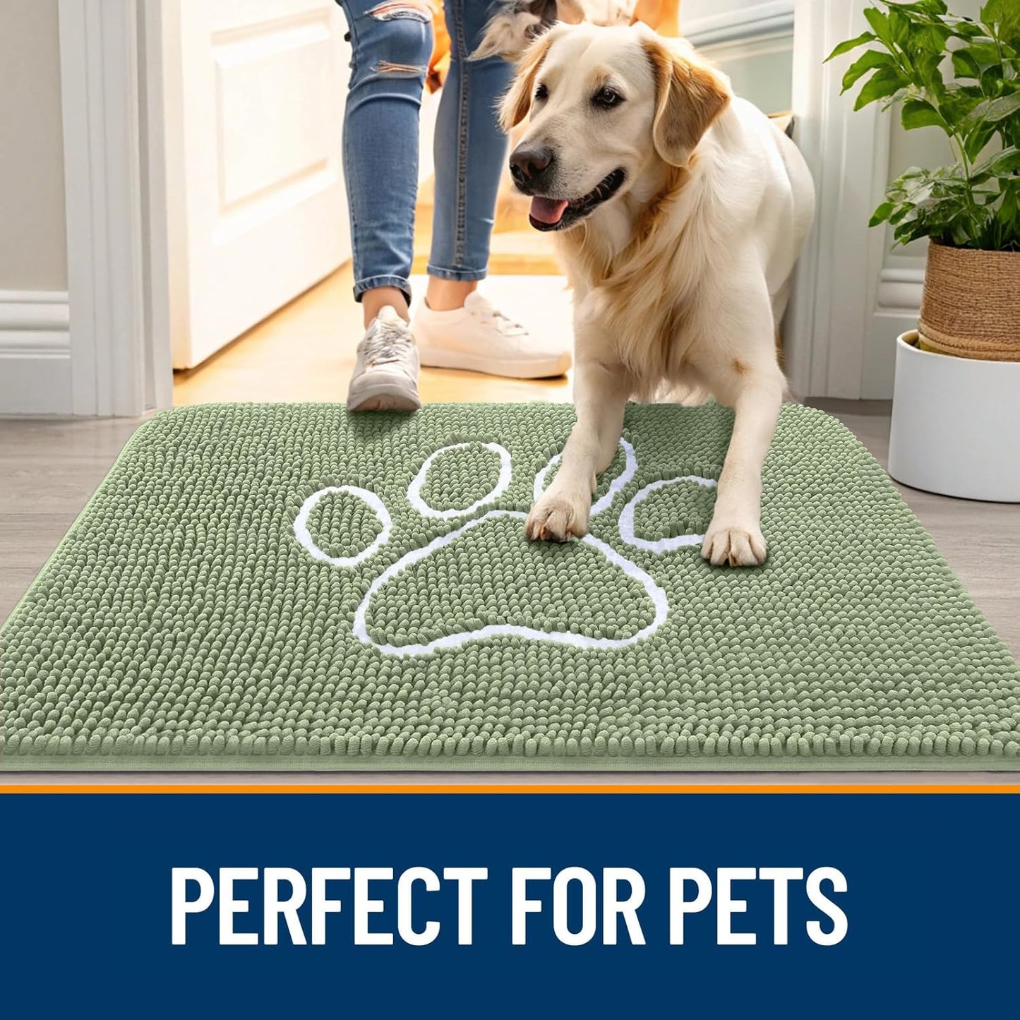 OLANLY Door Mat for Muddy Dog Paws 59x35, Ultra Absorbent Chenille Mud Doormat with Paw Print Design, Non-Slip Washable Doormat for Indoor Entryway, Quick-Dry Pet Bed Mats for Dirty Dogs, Sage Green