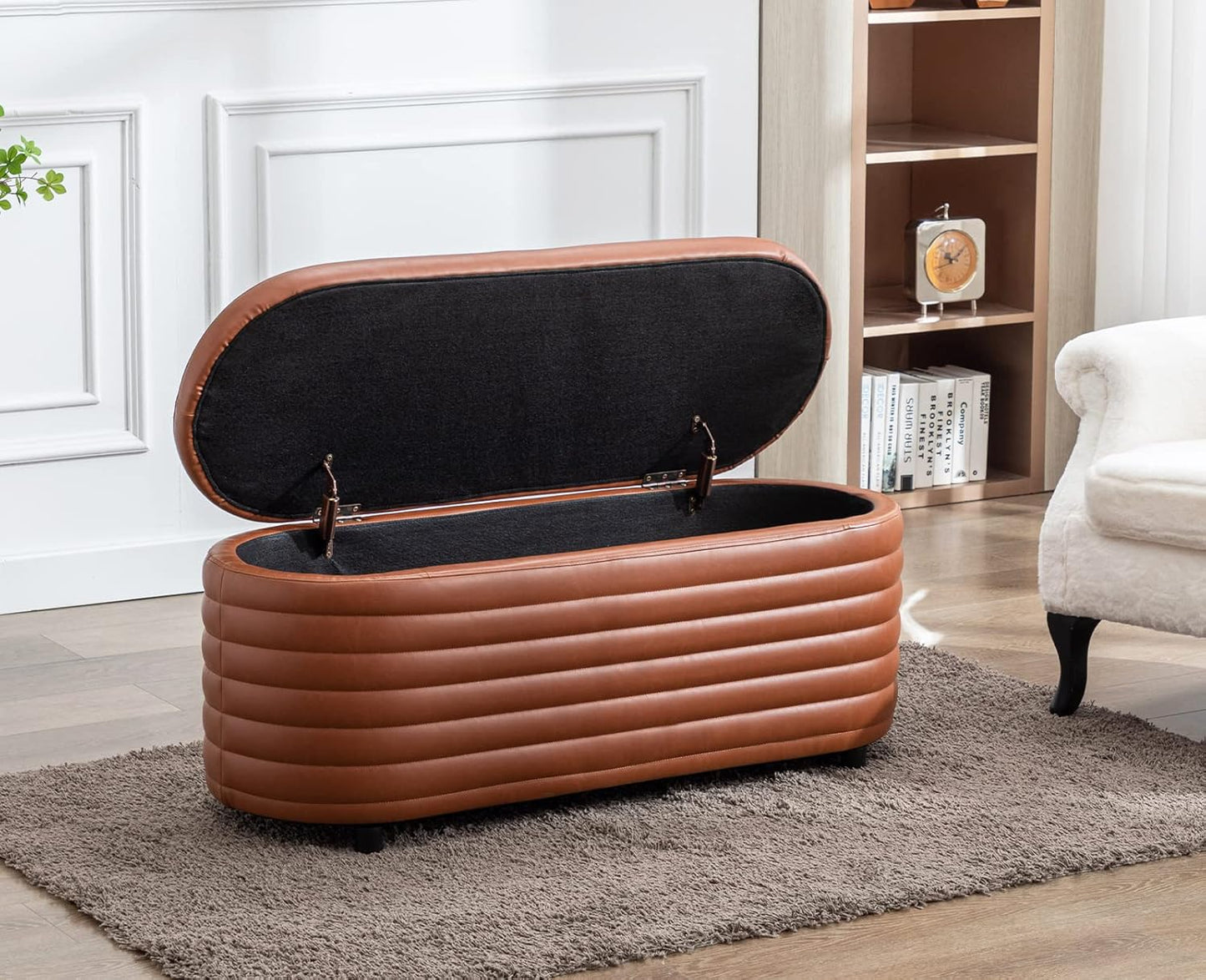 Kmax Storage Bench PU Leather Entryway Bench Upholstered Ottoman Bench for Bedroom Living Room Hallway, Brown