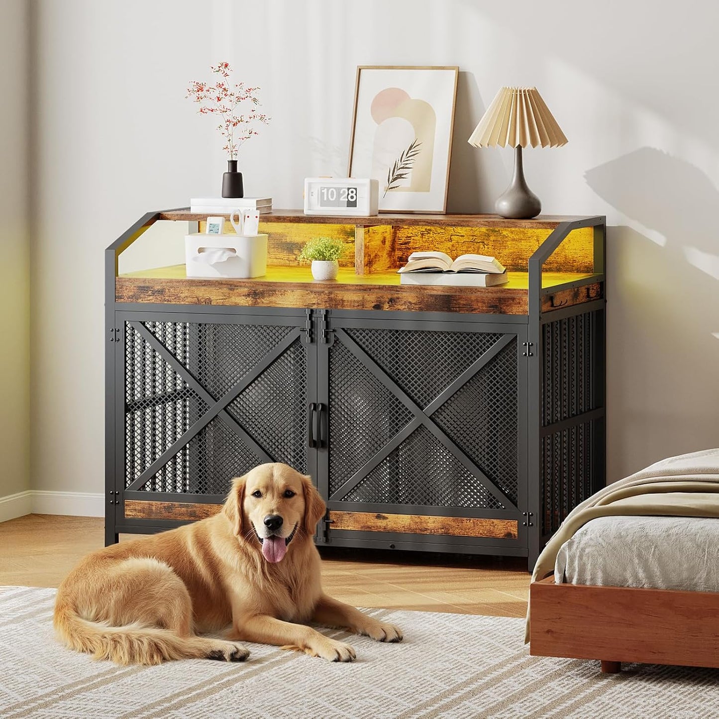 HOOBRO 43.3" Dog Crate Furniture, Heavy Duty Dog Kennel Indoor with Storage Shelves, Wooden Dog Cage with LED Lights, for Medium Large Breed, Rustic Brown and Black BF89DGW03