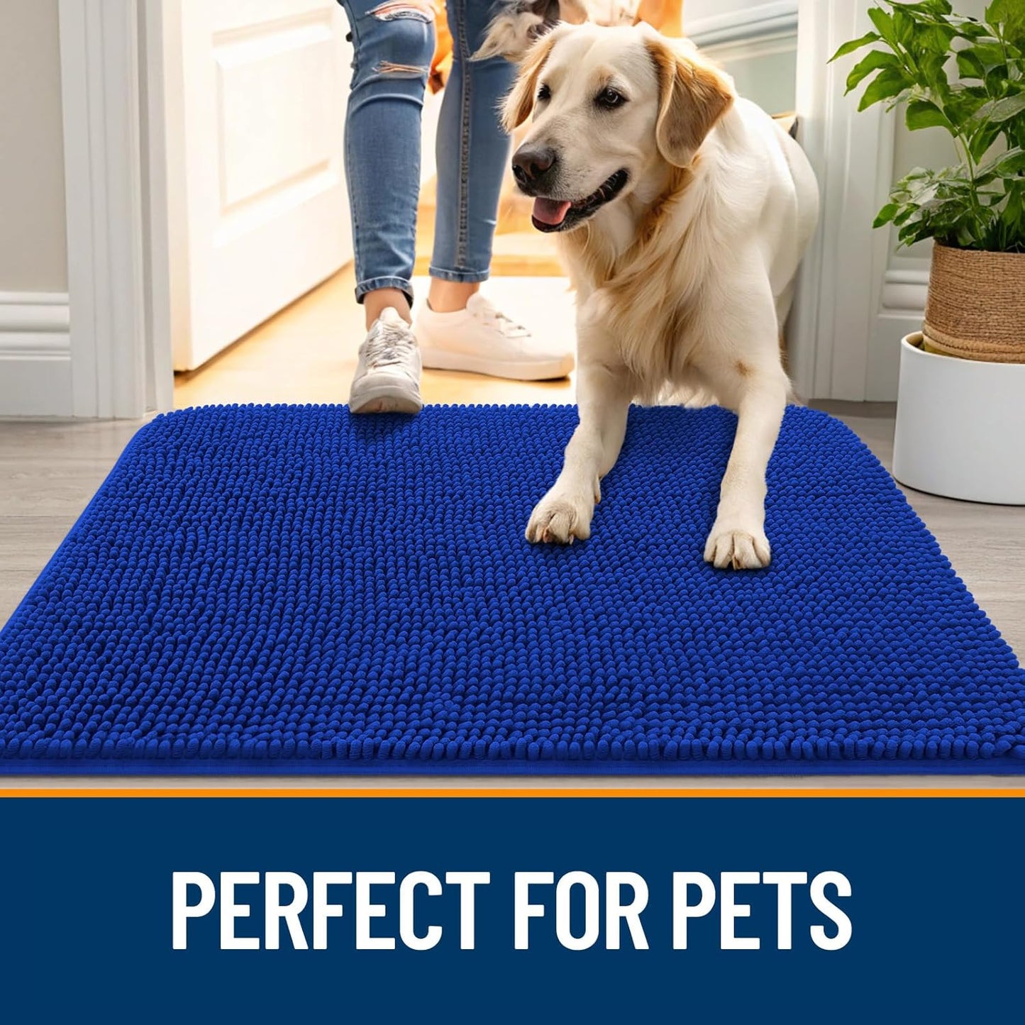 OLANLY Dog Door Mat for Muddy Paws 24x16, Absorbs Moisture and Dirt, Absorbent Non-Slip Washable Doormat, Quick Dry Chenille Mud Mat for Dogs, Entry Indoor Entryway Carpet for Inside Floor, Royal Blue