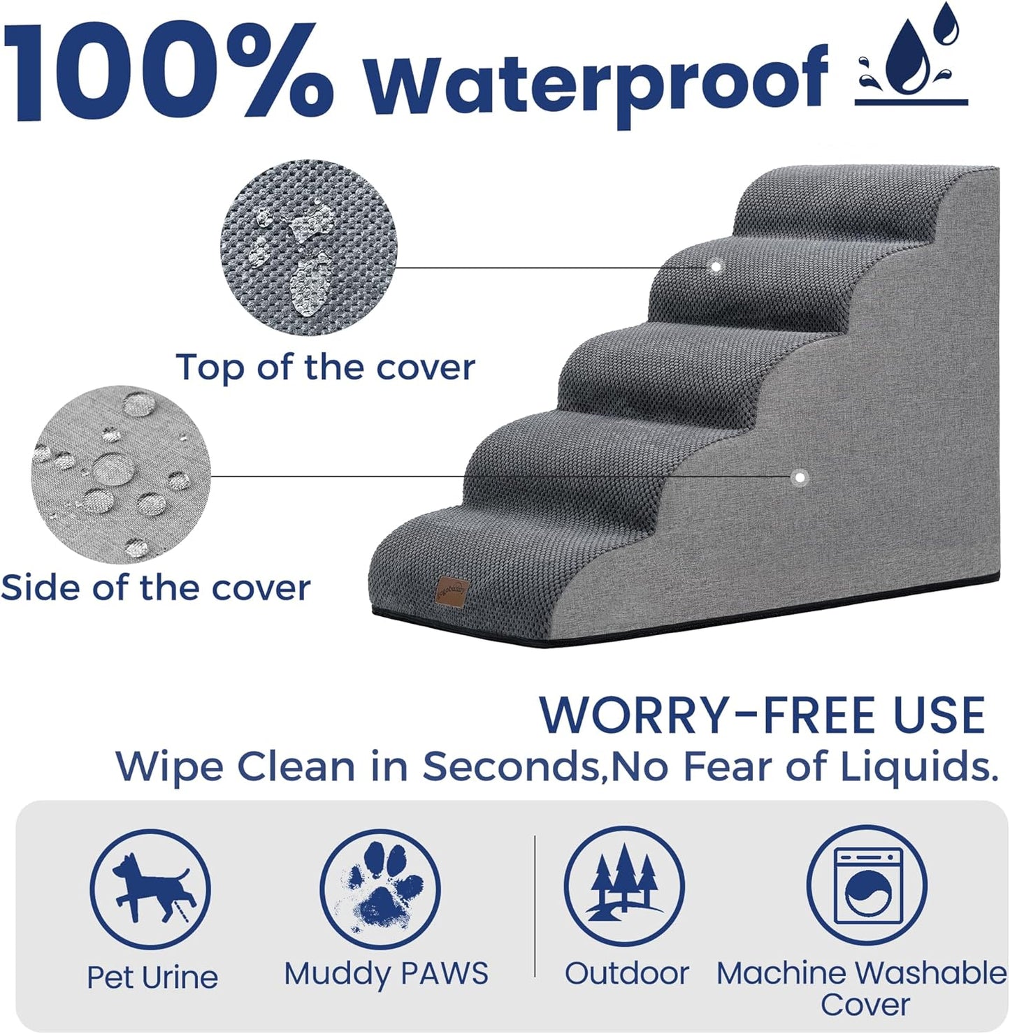 GoGoBunny Ramp Dog Stairs for High Beds 22.6" H, 5-Step Dog Slope Stairs with Durable Waterproof Fabric Cover, Pet Steps for Old Large Dogs Climbing, Non-Slip Sturdy Indoor Step, Grey