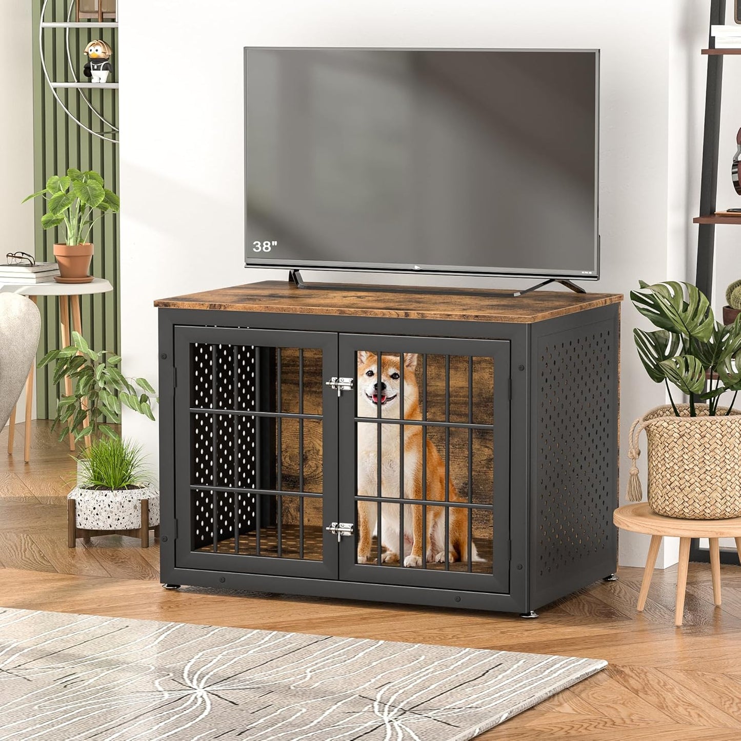 38" Heavy Duty Dog Crate Furniture for Large and Medium Dogs,Wooden Metal Kennel for High Anxiety Dogs, Chew Proof Pet Cage Indoor, Decorative Dog Kennel End Table