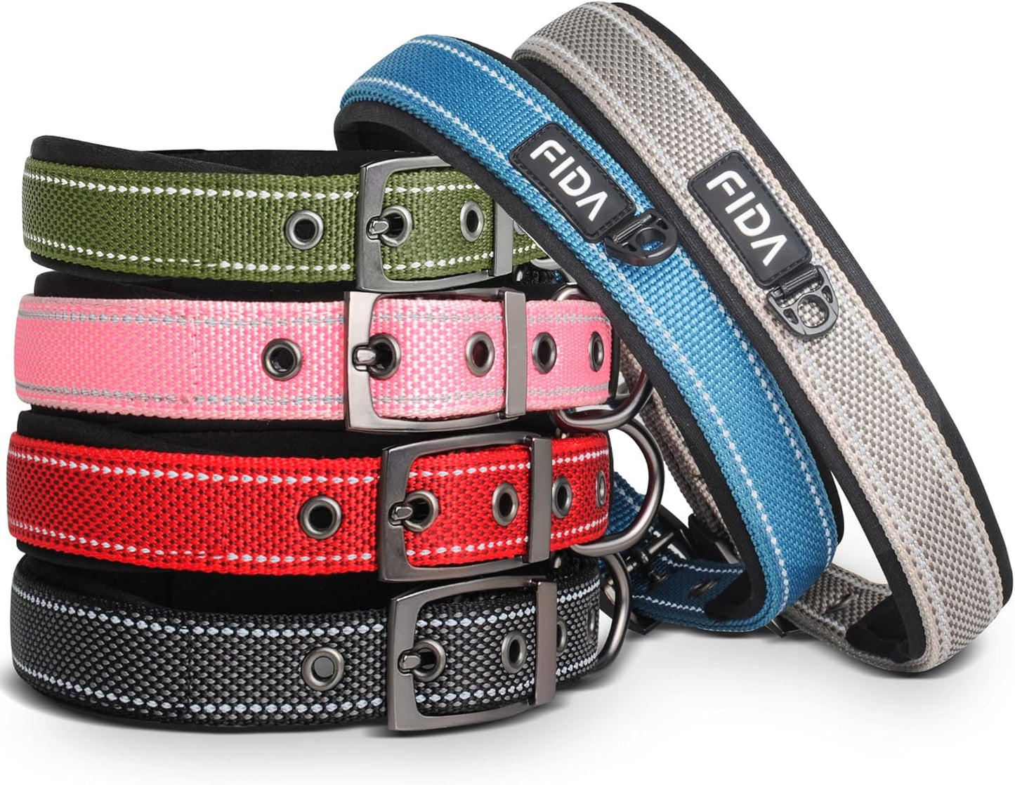 Fida Heavy Duty Dog Collar, Ultra Comfortable Soft Neoprene Padded, Adjustable Reflective Nylon Pet Collar with Durable Metal Belt Buckle for Small Breeds (S, Green)