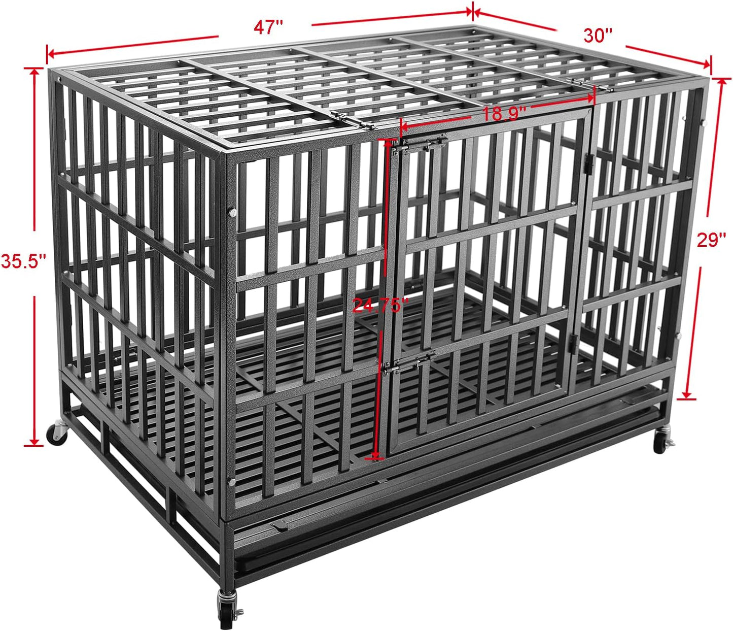 Confote 47Inch Heavy Duty Dog Kennel Strong Metal Dog Cage Pet Crate for Medium and Large Dogs with Four Lockable Wheels, Removeable Tray