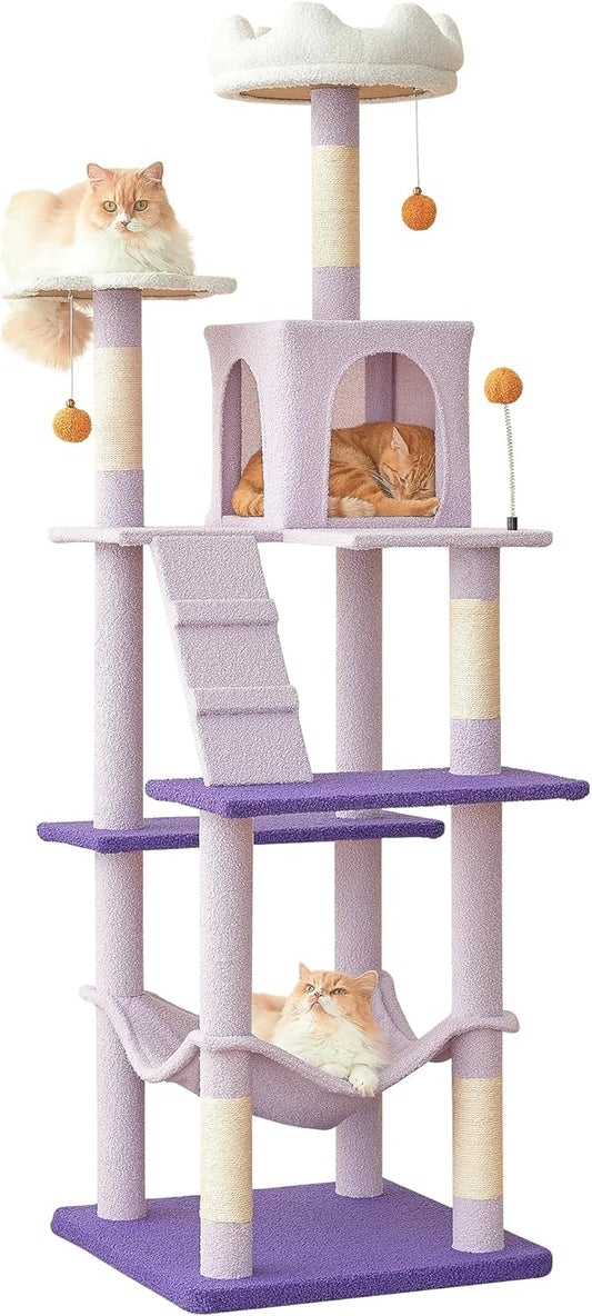 MWPO Flower Large Cat Tree, 70.1-Inch Multi-Level Tall Cat Tower for Indoor Cats, Plush Cat Condo with Big Padded Perches, Sisal-Covered Scratching Posts, Hammock, Toys for Kittens & Cats