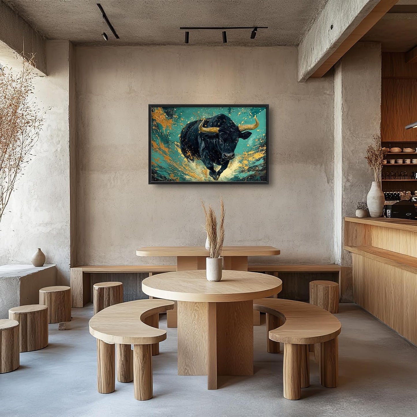 Large Bison Buffalo Wall Art for Living Room, Framed Oversized Bull Wall Decor, Abstract Teal and Golden Canvas Painting Modern Artwork for Living Room Bedroom Office Dining Room 36"x24"