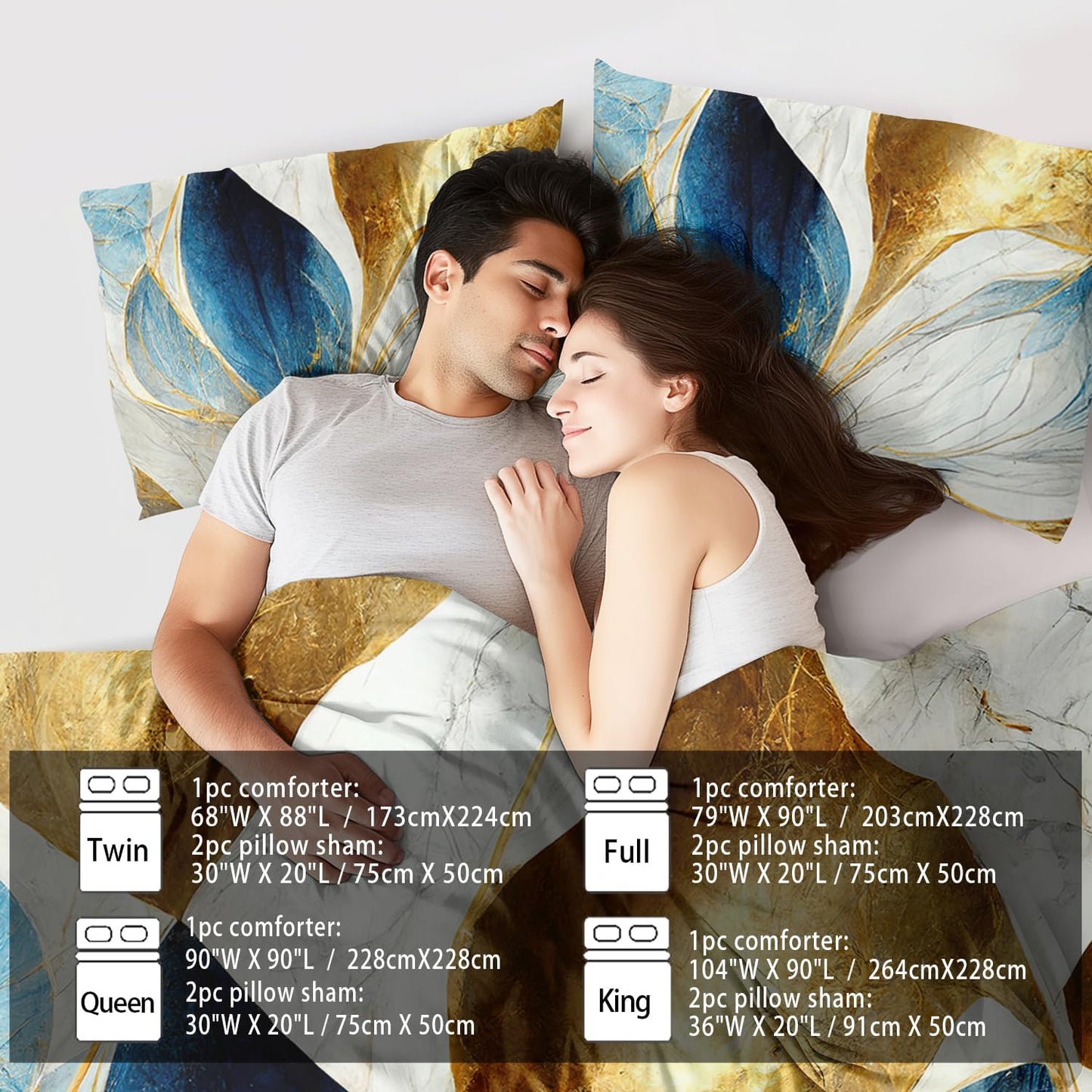 Vintage Floral Comforter Set Full Size Women,Marble Flower Bedding Set Full,Marble Blue Flower Bed Comforter,Blue and Gold Floral Quilt Bedroom Decor for Kids and Adults