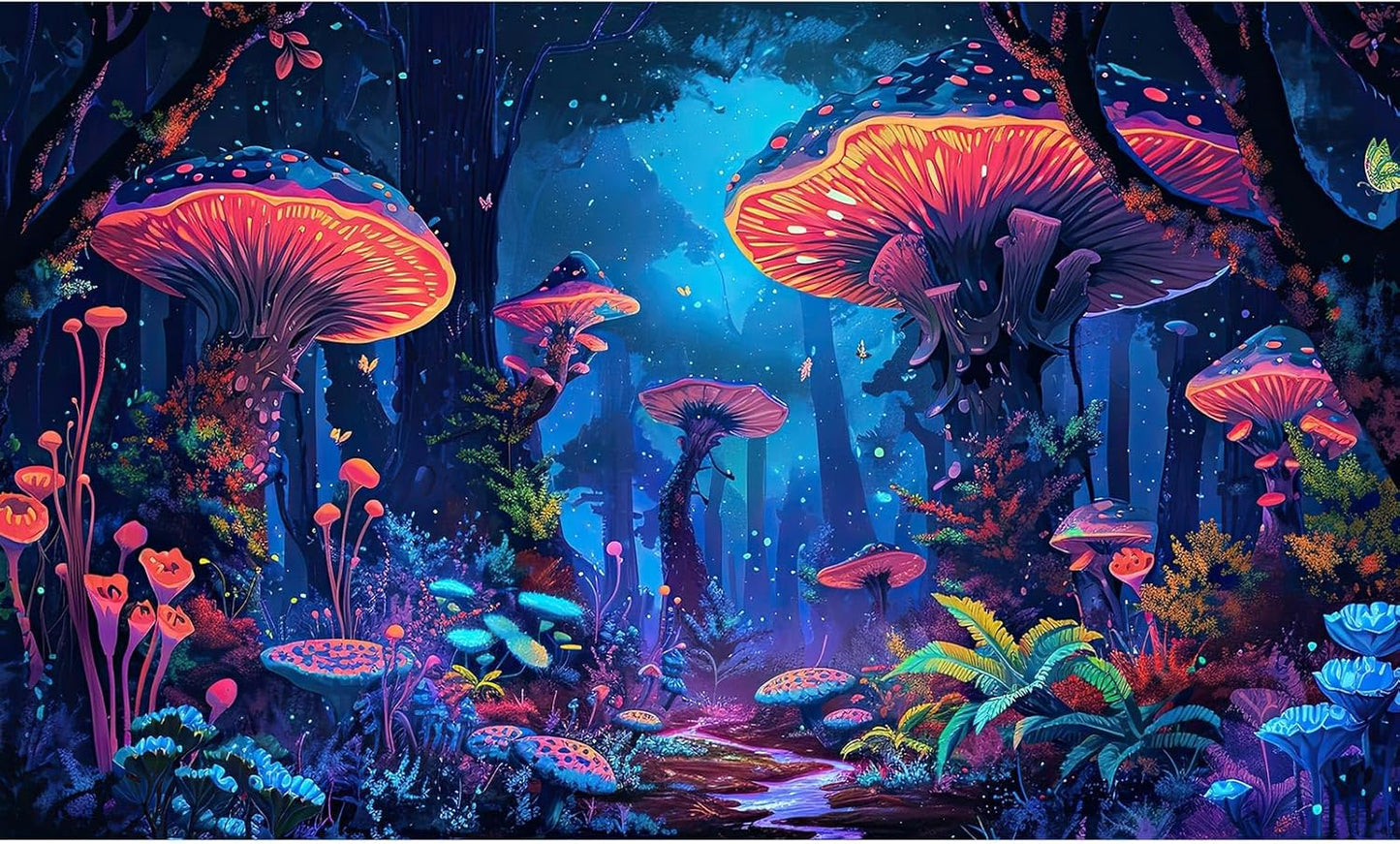 Mushrooms Aquarium Background Fantasy Bright Flowers Butterflies Fish Tank Backdrop Decoration Poster Trippy Wonderland Landscape with Giant Mystical Mushrooms Terrarium Background Decor 36x24in