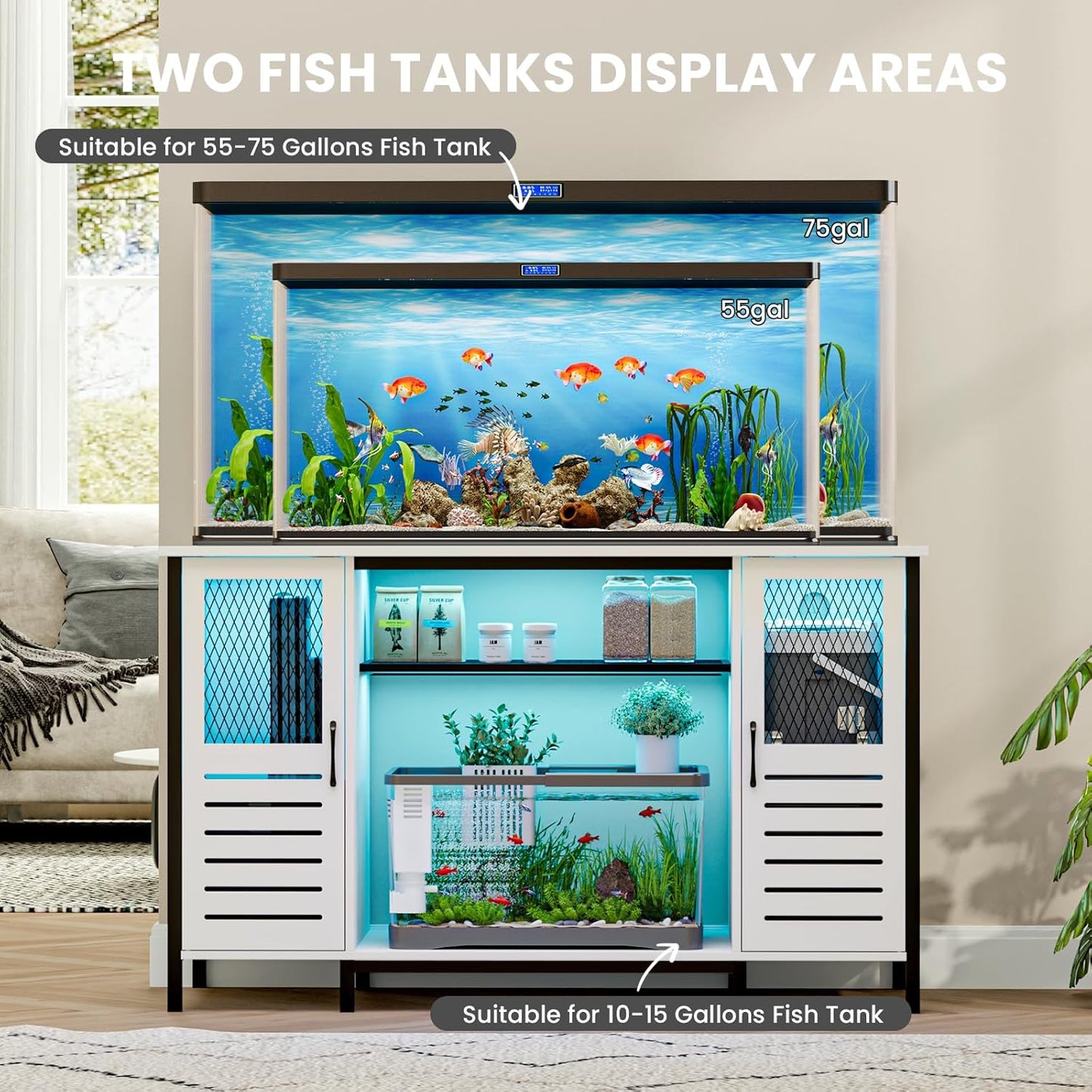 EAG 55-75 Gallon Fish Tank Stand with Power Outlets & LED Light, Heavy Duty Aquarium Stand with Adjustable Shelves, Turtle Reptile Terrarium Tank Stand with Cabinet, 1250LBS Capacity, White