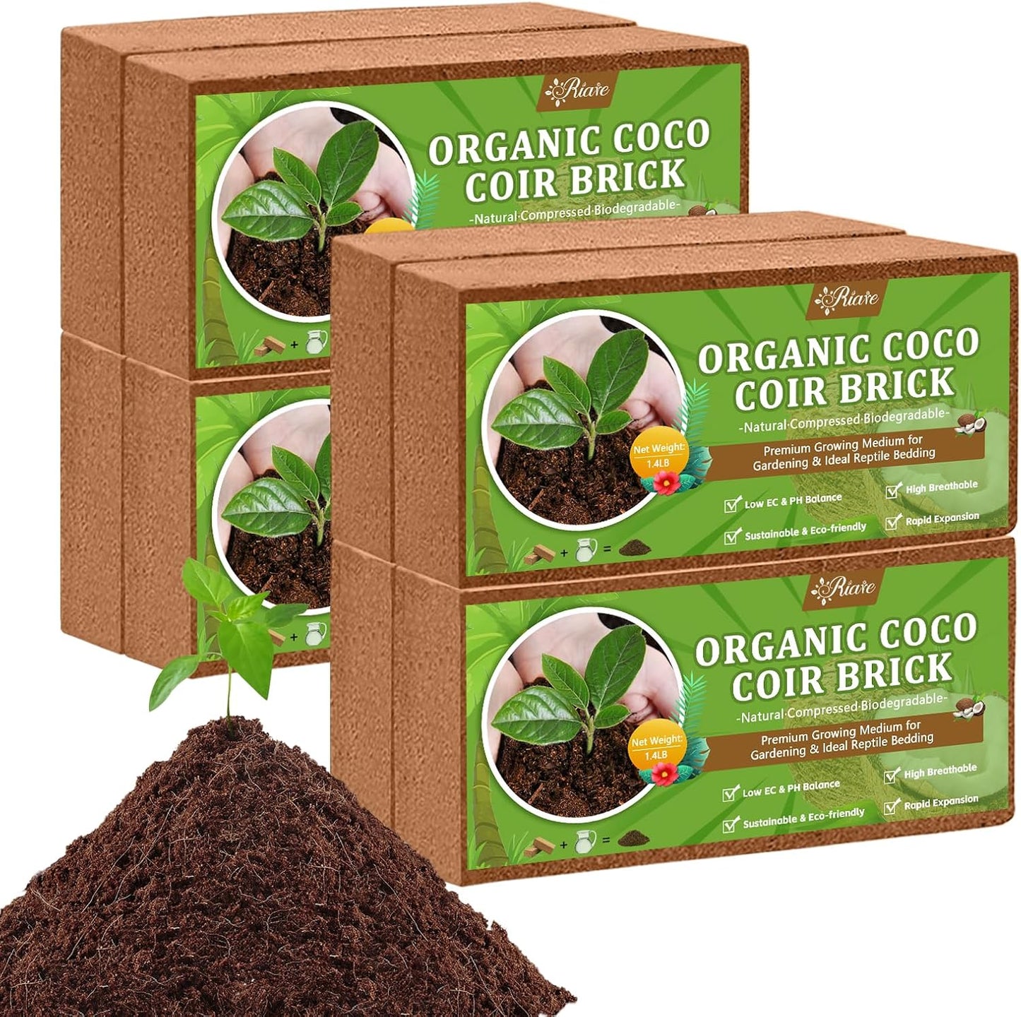 Riare 8pcs Organic Coco Coir Bricks Soil Blocks- 100% Natural Compressed Coco Peat Brick Coconut Fiber Substrate with Low EC& pH Balance, High Expansion Coco Coir Pith Coconut Husk for Garden