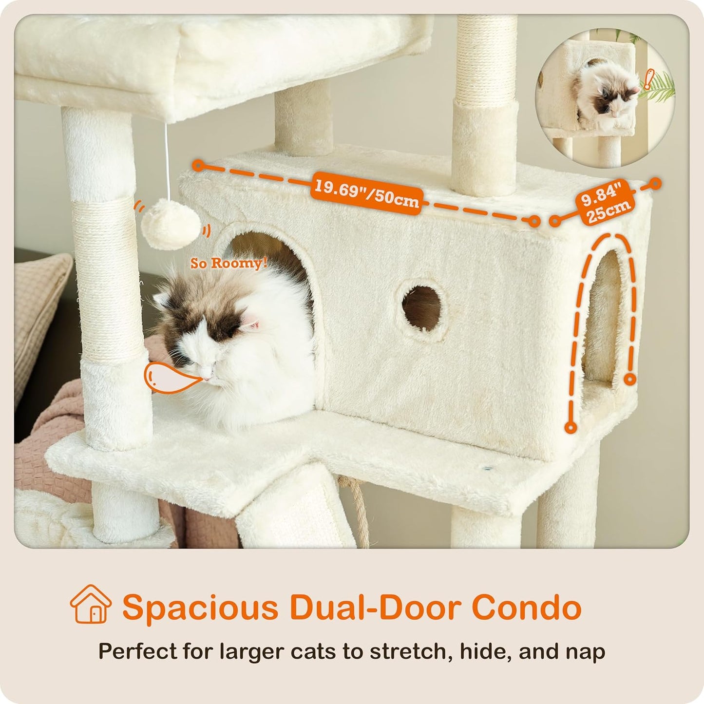 Ouritsu Cat Tree, 61 inch Tall Cat Tower for Large Cat Indoor, Enlarged Condo, 2 Padded Perches with 1 Widened, Large Hammock, Scratching Post and ramp, Fluffy Basket, Beige, LF002WH