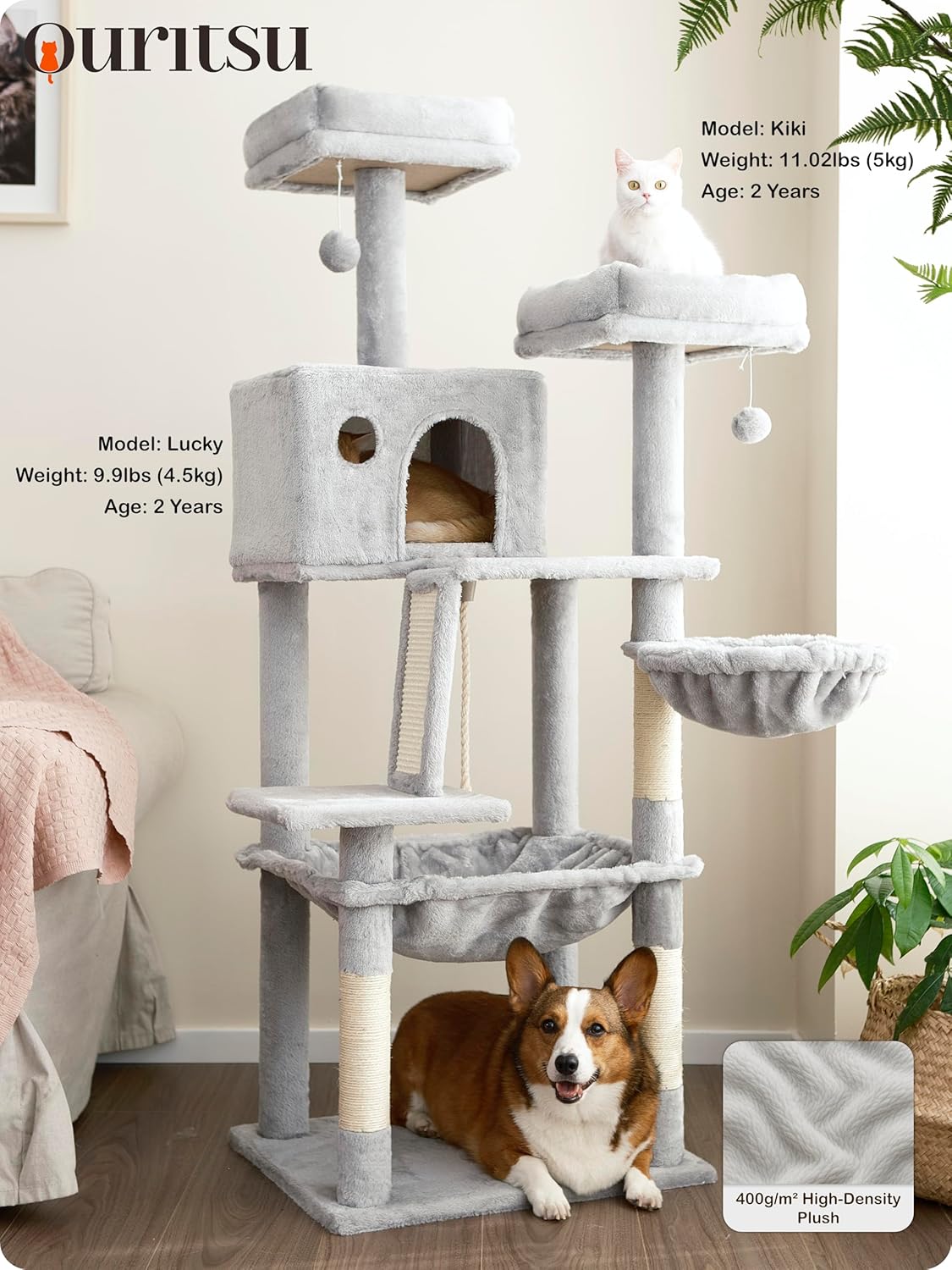 Ouritsu Cat Tree, 56 inch Tall Cat Tower for Large Cat Indoor, Large Condo, 2 Padded Perches, Steel-Framed Hammock, Scratching Post and ramp, Fluffy Basket, Light Gray, LF001GA