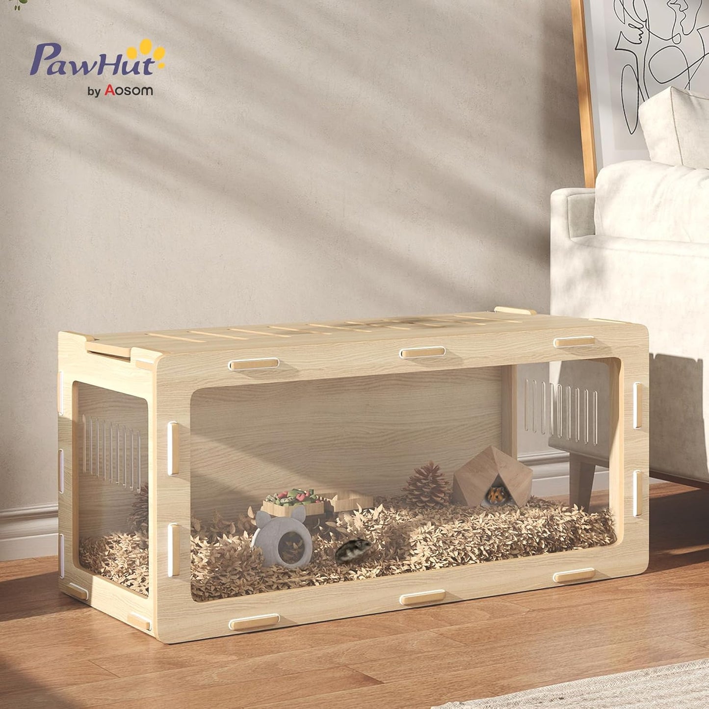 PawHut Hamster Cage with Easy View Acrylic Panels, Small Animal Cage with Air Vents & Openable Roof, Large Habitat for Dwarf, Gerbil, Guinea Pig, Rat, 39" x 20" x 18.5", Oak