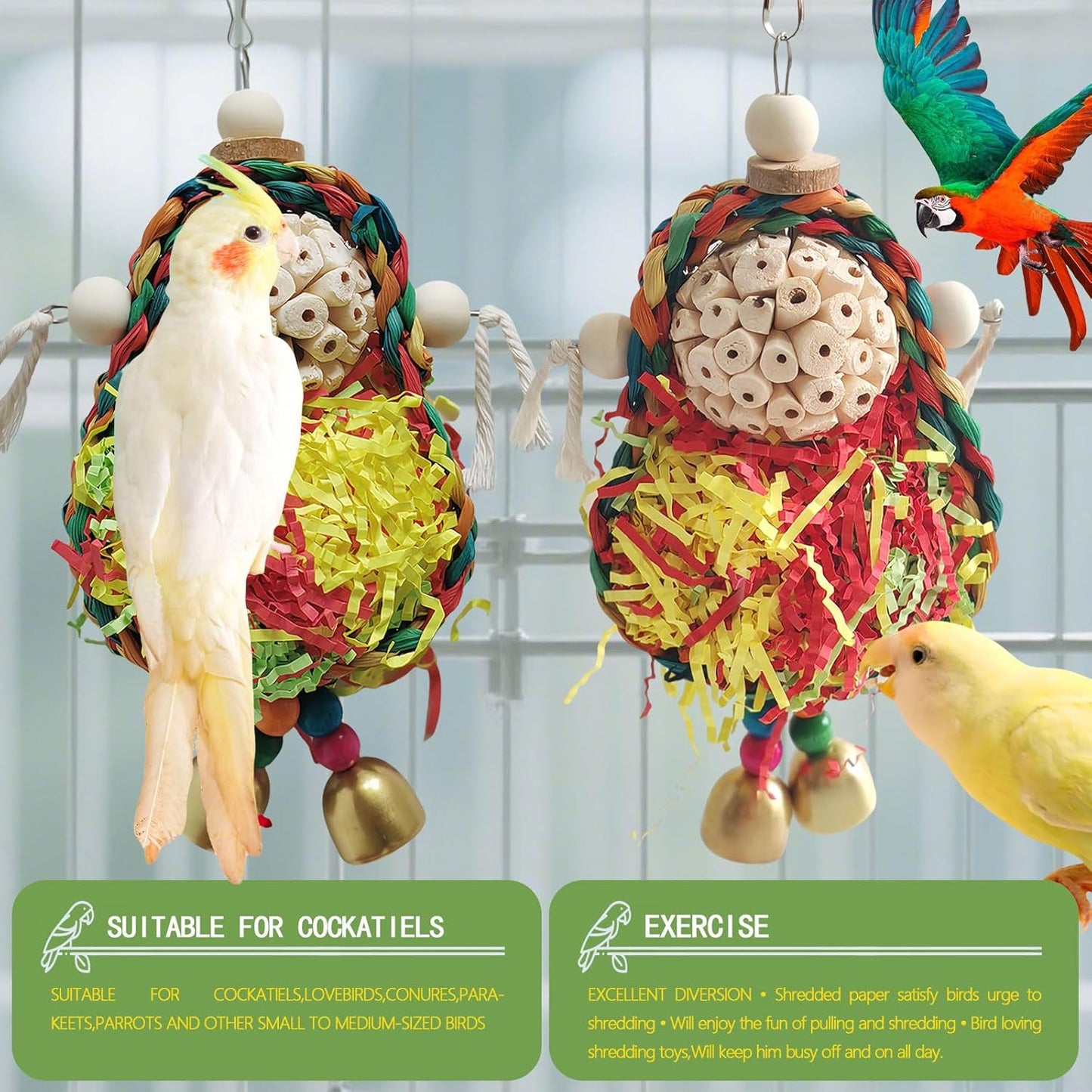 Bird Hoop Swing and Parakeet Toys,Natural Sola Balls and Shredding Hanging Toy,Birds Rope Swing,Suitable Small and Medium-Sized Parrots Toys,Birds Toy for Cockatiels,Conures,Lovebird