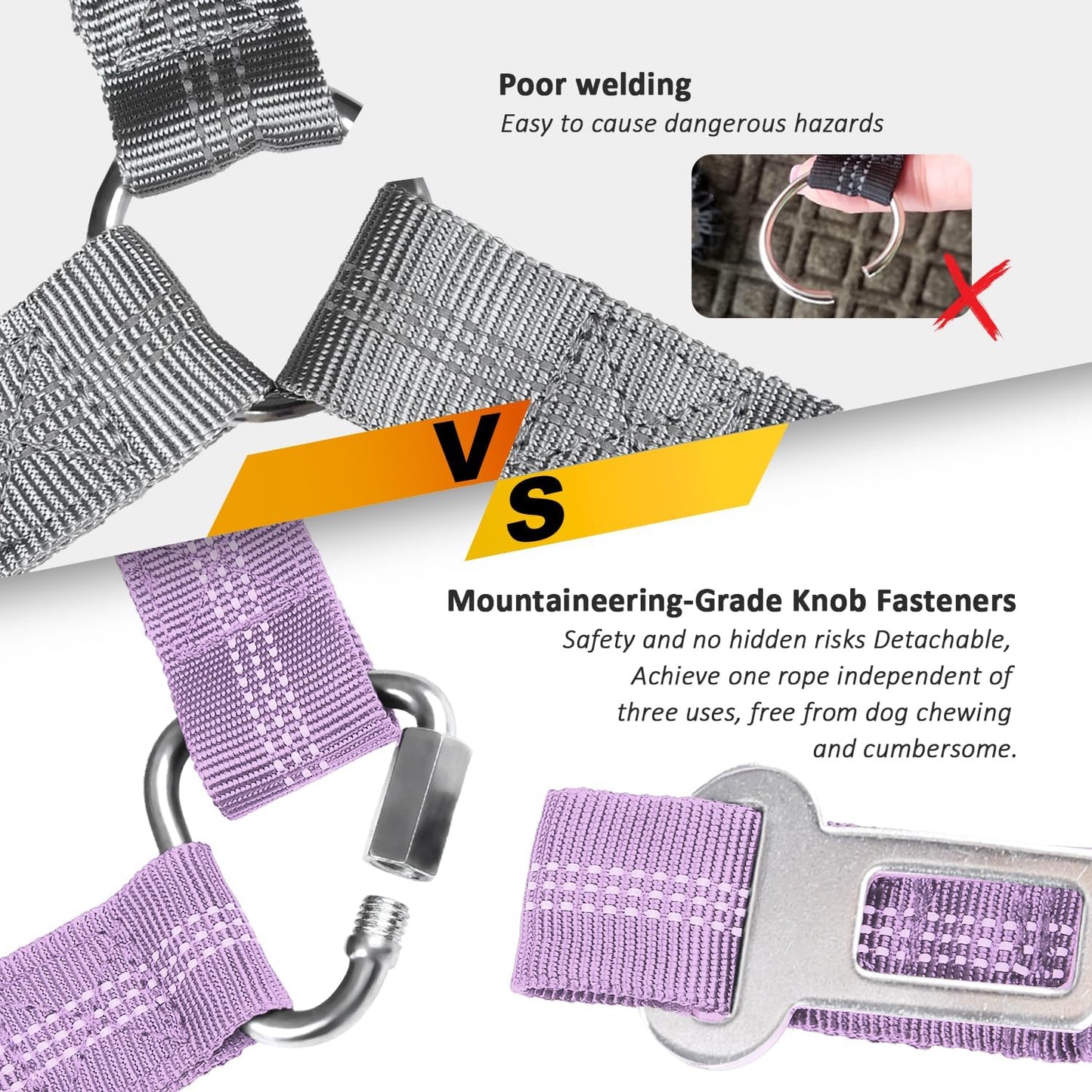 Removable Dog Seat Belt Harness for Car, 3 in 1 Pet Dog Car Seatbelt Leash, Retractable Restraint Secures to Vehicle Headrest & Adjustable Reflective Bungee Dog Seatbelt Tether, Purple