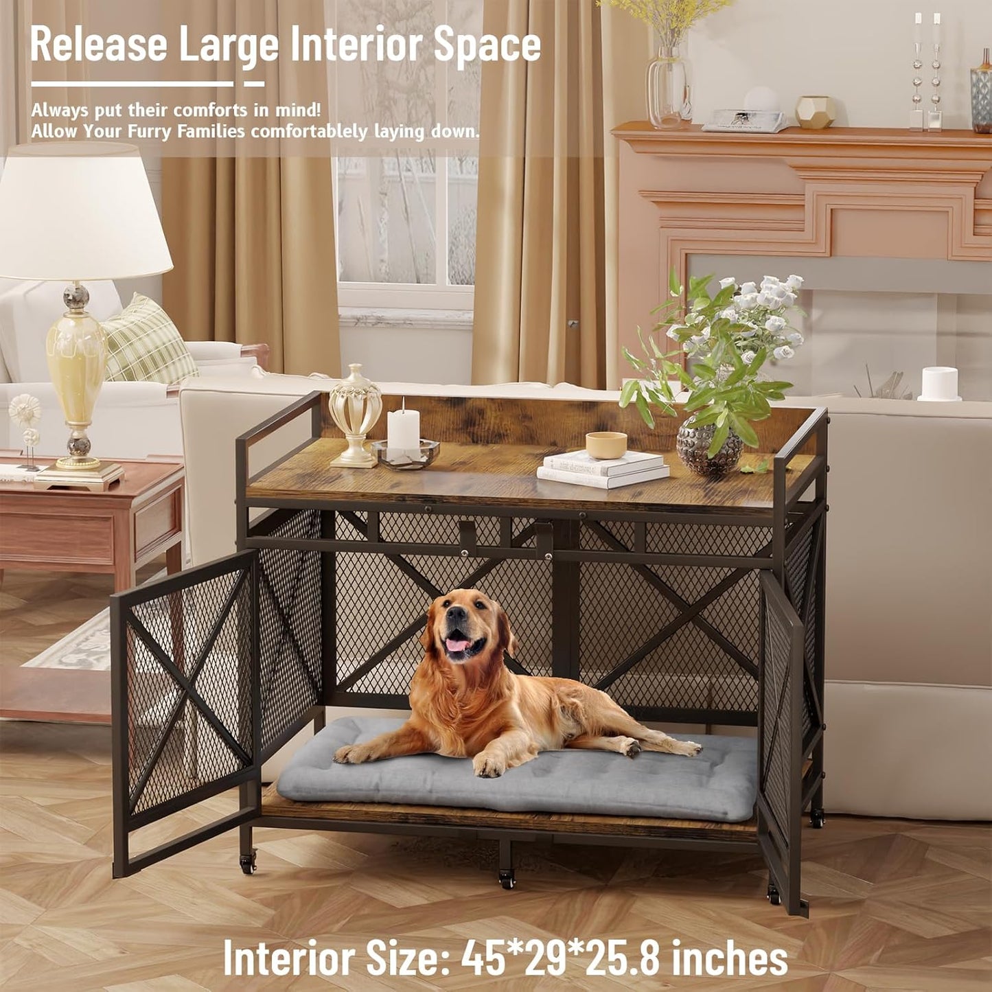 COZPAW Large Dog Crate Furniture, 48 Inch Wooden Dog Kennel for XLarge Dogs, Heavy Duty Dogs Furniture Indoor Wire Dog Cage with Caster Wheels, Decorative Pet House End Table, Brown