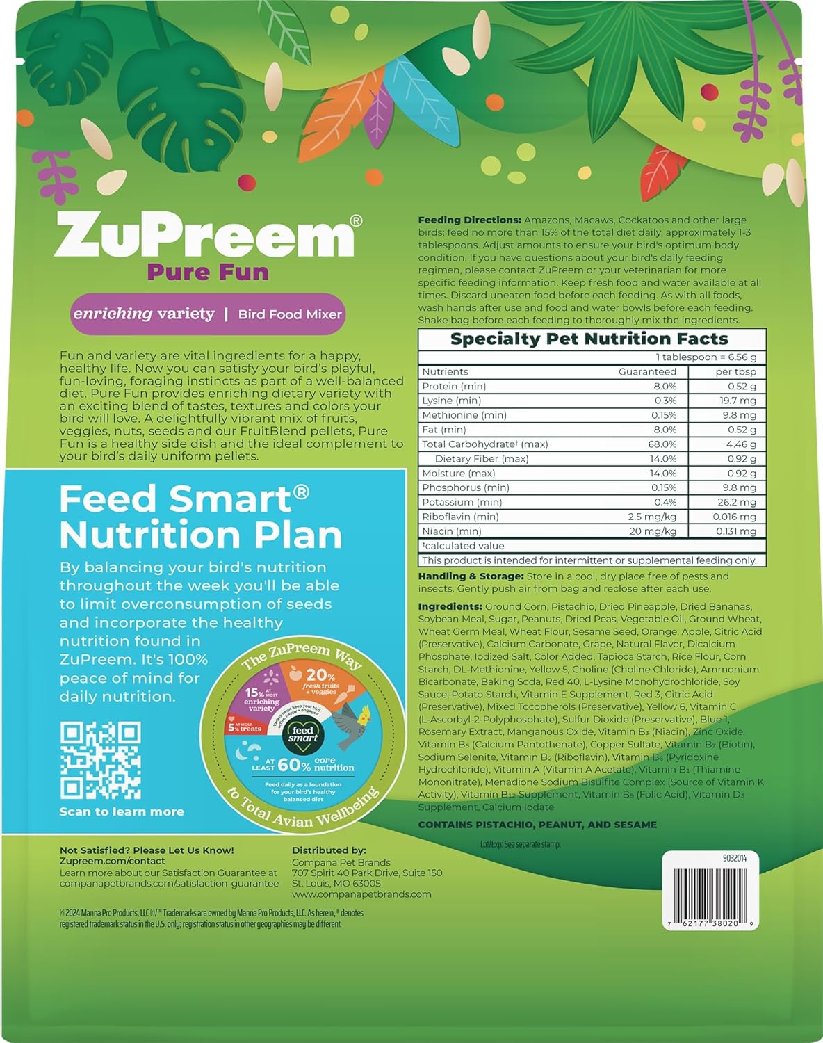 ZuPreem Pure Fun Bird Food, Amazon, Cockatoo, Macaw, Seed and Pellet Blend for Large Birds, Food Mixer Topper, Enriching Variety, Made in USA, Bird Seed for Large Birds (L, 2 lbs)
