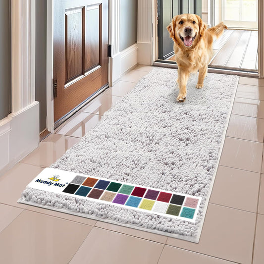 Muddy Mat® AS-SEEN-ON-TV Highly Absorbent Microfiber Door Mat and Pet Rug, Non Slip Thick Washable Area and Bath Mat Soft Chenille for Kitchen Bathroom Bedroom Indoor and Outdoor-White Runner 59"X24"