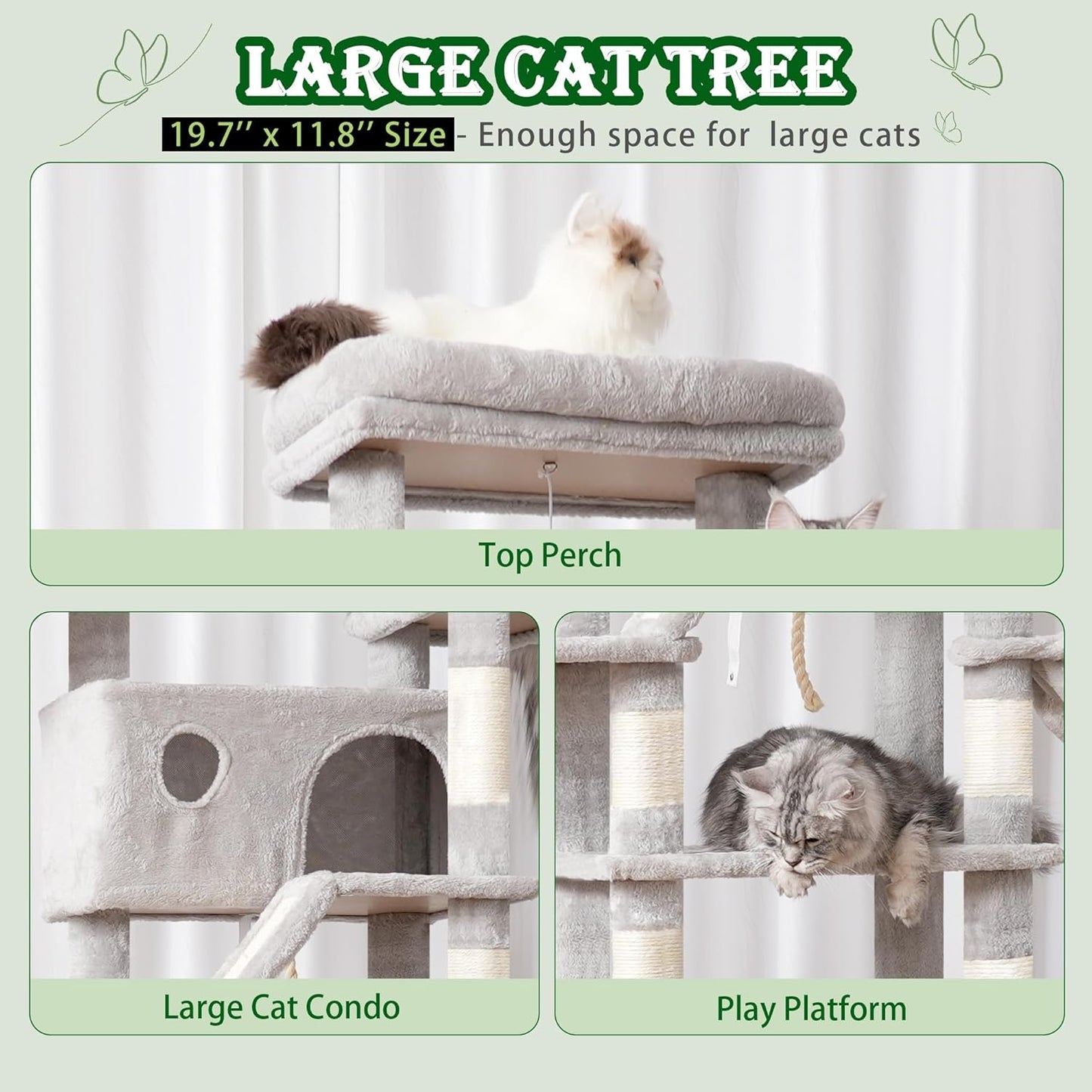 Cat Tree for Large Cats, 78.7"(200cm) Tall Cat Tower for Indoor Cats Multiple Cats with Large Top Perch, Cat Condo, Cat Hammcok, Cat Scratching Post, Light Gray GCT031W