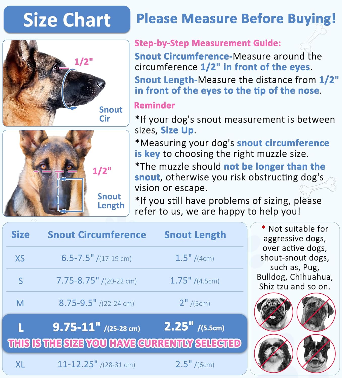 LUCKYPAW Soft Muzzle for Medium Large Sized Dogs Beagle Labrador German Shepherds, Dog Muzzle to Prevent Biting Chewing, Adjustable Breathable Mouth Guard for Grooming Walking Training(Blue, L)