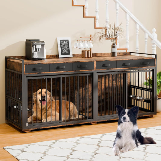 86.6Inch Large Double Dog Crate Furniture,Heavy Duty Metal Frame Dog Crate Kennel with Adjustable Feeder Bowls and Removable Divider&Drawers,Chew-Resistant Dog Kennel for 2 Dogs Indoor