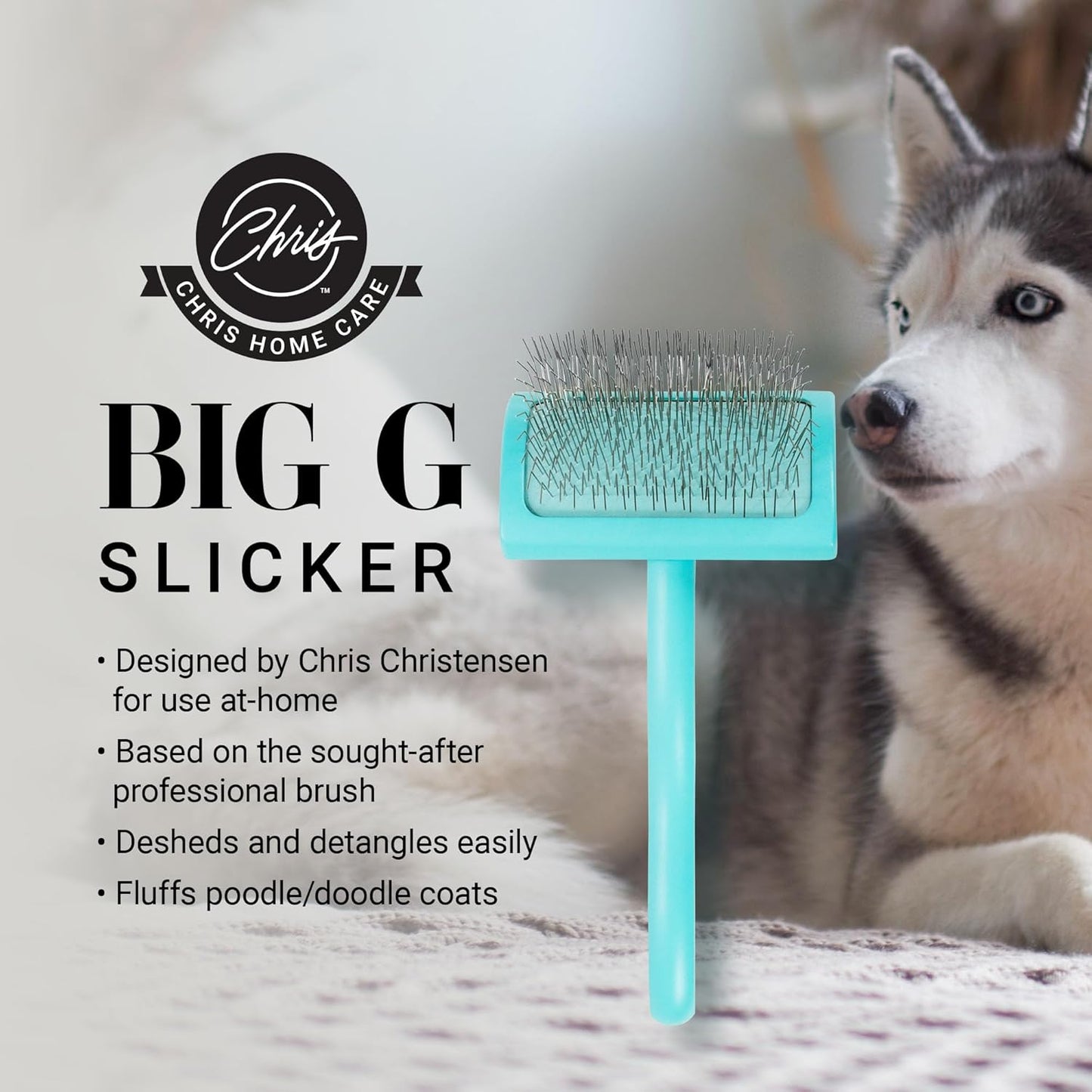 Chris Christensen Big G Dog Slicker Brush for Dogs (Goldendoodles, Labradoodles, Poodles), Groom Like a Professional, Fluff Detangle Style, Saves Time Energy, Teal, Medium