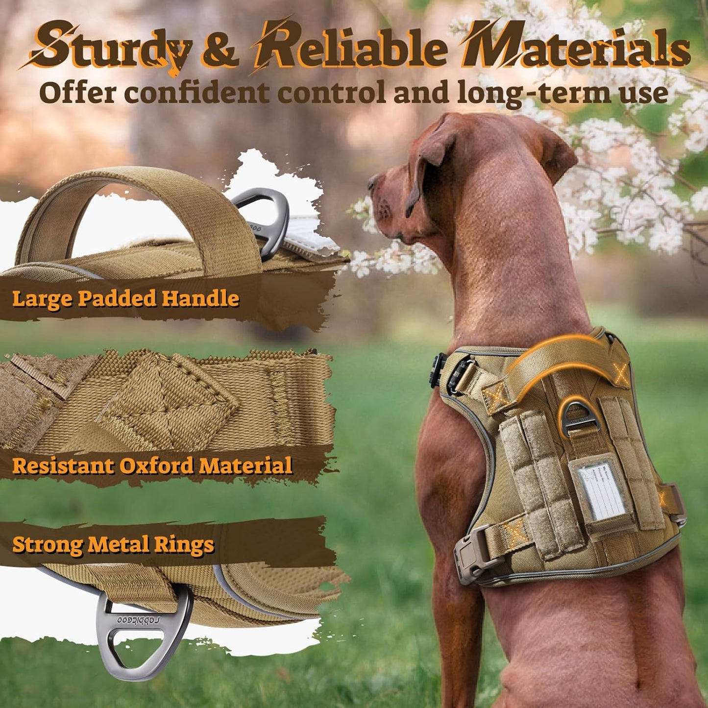 rabbitgoo Dog Harness Medium Sized No Pull, Tactical Service Pet Vest with Molle and Control Handle, Adjustable and Reflective Military Harness for Easy Walking and Training, Brown, M