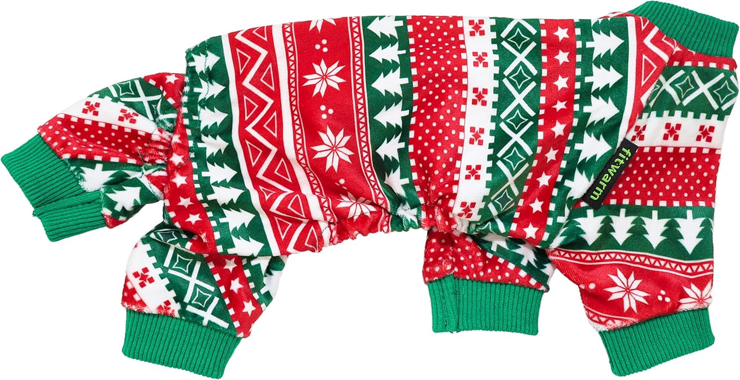 Fitwarm Dog Christmas Outfit, Holiday Pet Clothes for Small Dogs Boy Girl, Festive Pajamas with Feet, Puppy Onesie, Red, Green, XS
