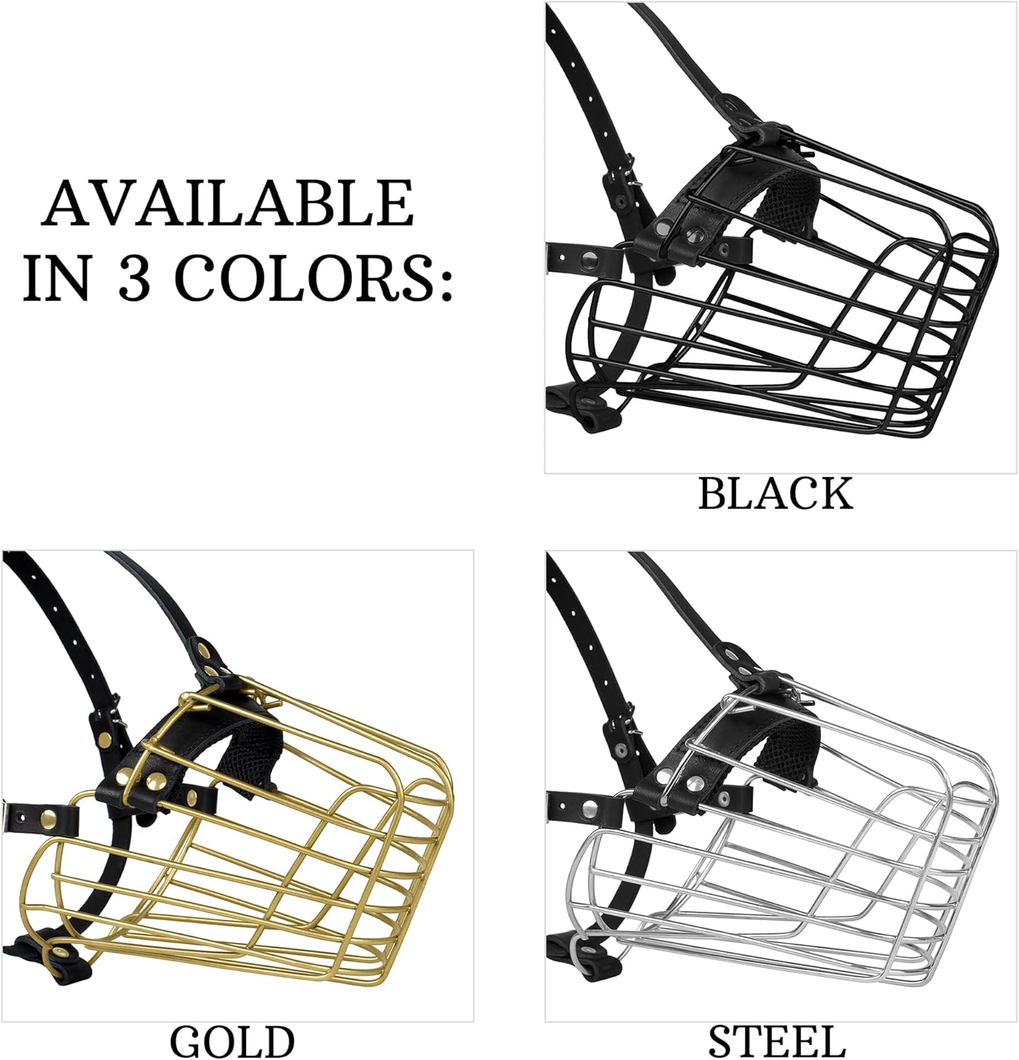 German Shepherd Dog Muzzle Metal Basket for Medium Large Dogs Adjustable Durable Leather Straps Secure Wire Mask for Biting Chewing Barking (Black, L - Size)