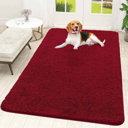OLANLY Dog Door Mat for Muddy Paws 59x35, Absorbs Moisture and Dirt, Absorbent Non-Slip Washable Doormat, Quick Dry Chenille Mud Mat for Dogs, Entry Indoor Entryway Carpet for Inside Floor, Red