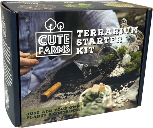 Cute Farms Terrarium Starter Kit | Moss, Vermiculite, Soil, Plant Food, Brush, Build and Care Guide | DIY Succulent Terrarium Kit for Adults and Kids