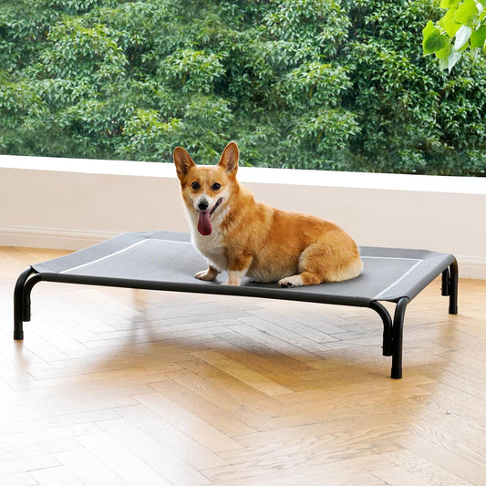 Elevated Dog Bed Raised Outdoor Dog Cot for Medium Dogs, Installation Requires No Tools, Frame with Washable Cooling Breathable Mesh Anti-Slip Feet, Indoor Pet Bed, Grey, 35.4 Inches