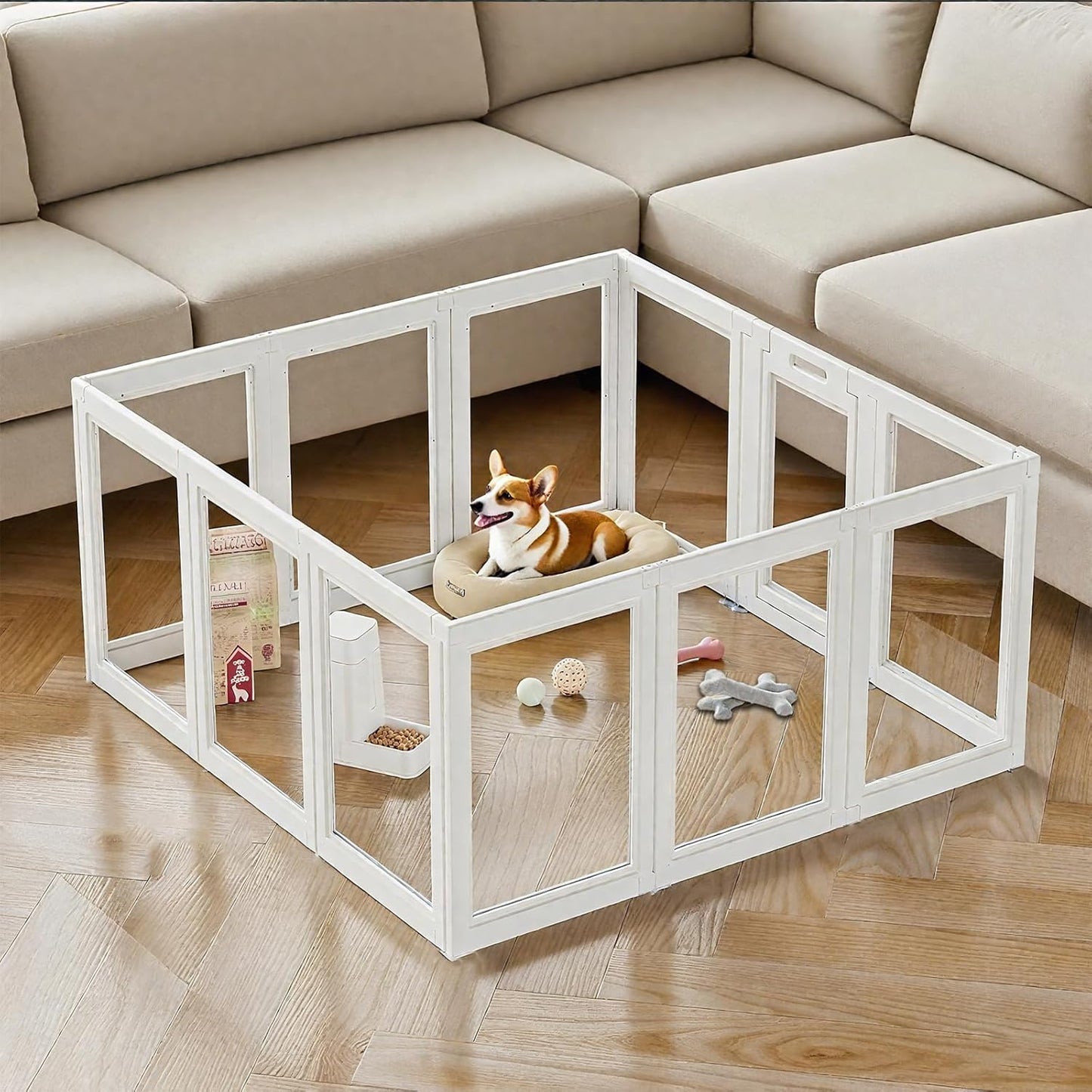 Clear Acrylic Dog Playpen Transparent Dog Playpens Indoor, Small Pet Play Pen for Small Dogs, Puppies, Cats & Rabbits, Assemble & Disassemble, with Door & Suction Cups (23.6" H, 12PCS),White