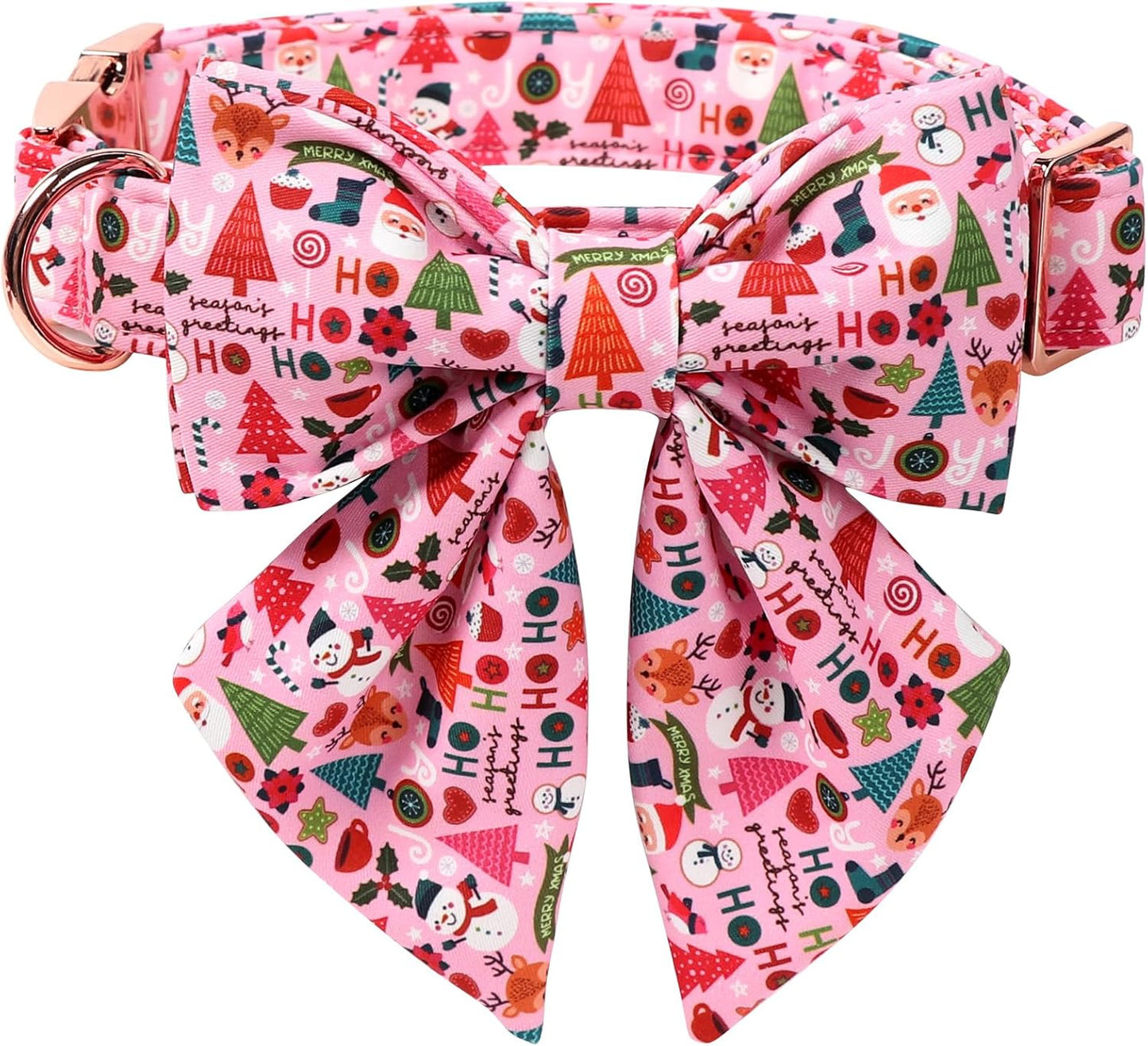 Lionet Paws Christmas Dog Collar with Sailor Bow, Cute Ho Christmas Tree Snowman Pink Dog Collar Bow Tie for Puppies and Cats, XS, Neck 8-12 inches
