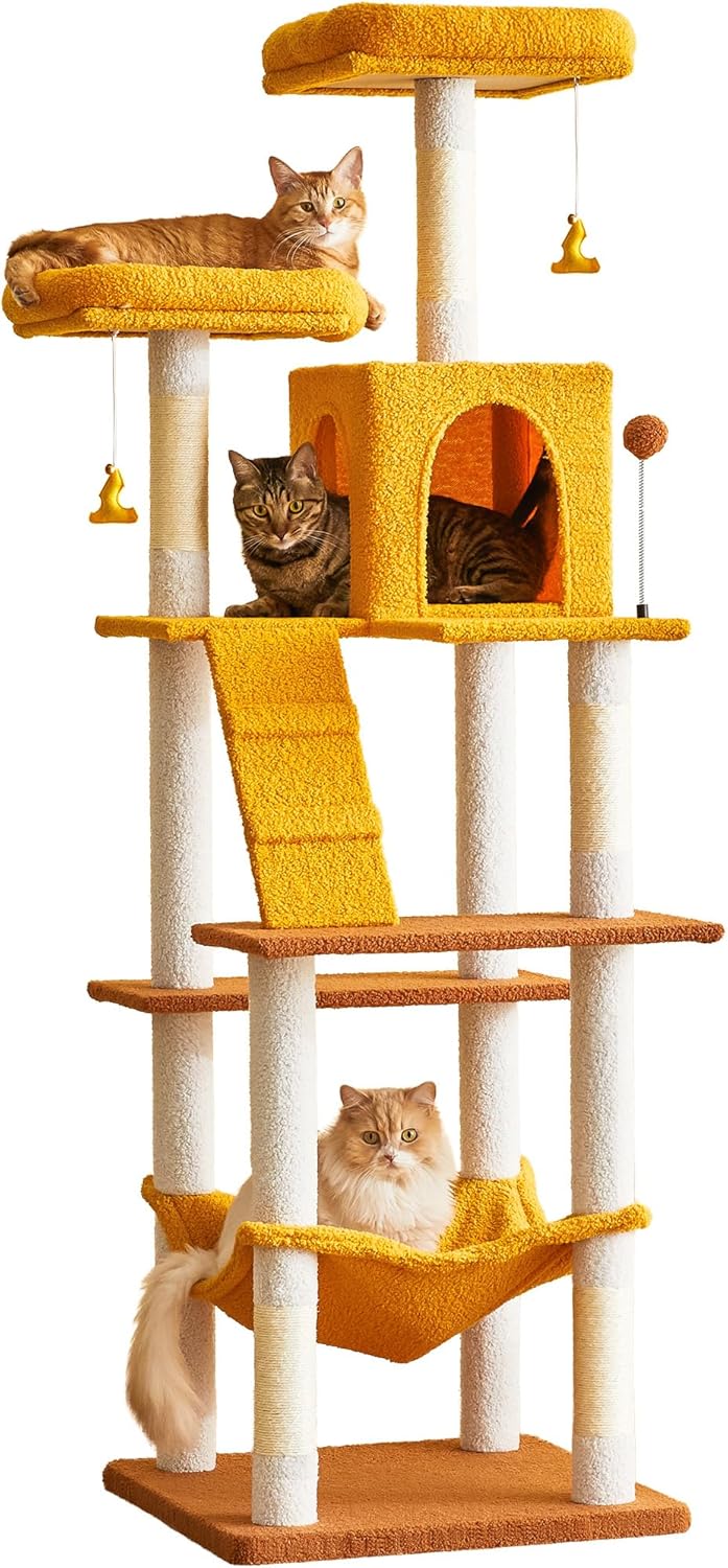 MWPO Cat Tree, 70.1-Inch Tall Cat Tower for Indoor Cats Large Adult, Multi-Level Cat Condo with 5 Scratching Posts, 2 Padded Perches, Hammock, Dangling Toys, Yellow